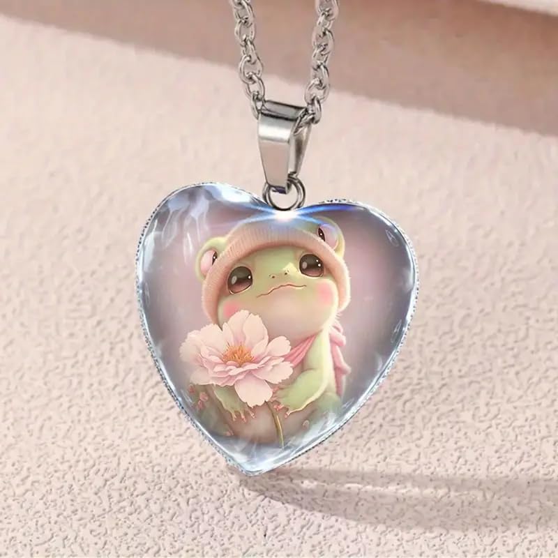 Cute Heart-Shaped Frog - Glass Pendant Necklace with Flower, Silver Chain - Holiday, Birthday, or Christmas Gift