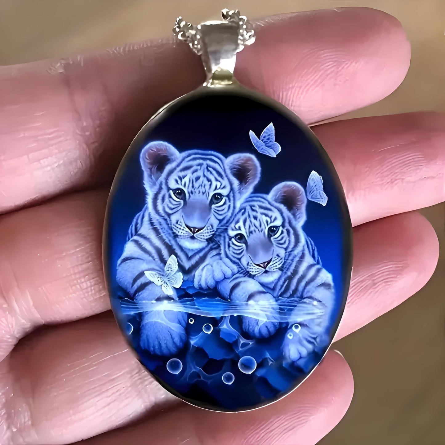 Tiger Cubs with Butterflies Oval Pendant Necklace, Sterling Silver Necklace with Glass Pendant - Birthday, Holiday, or Christmas Gift