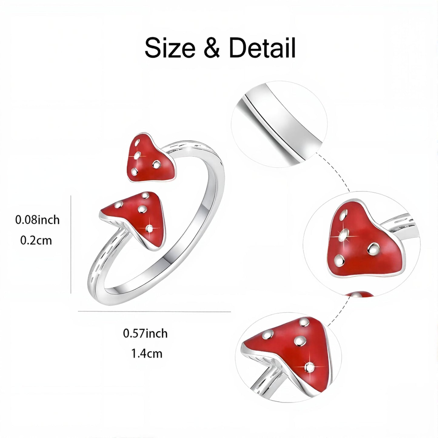 Red Mushroom Jewelry Set, Stainless Steel Necklace, Bracelet, Ring and Earrings, 9.84 inch Chain