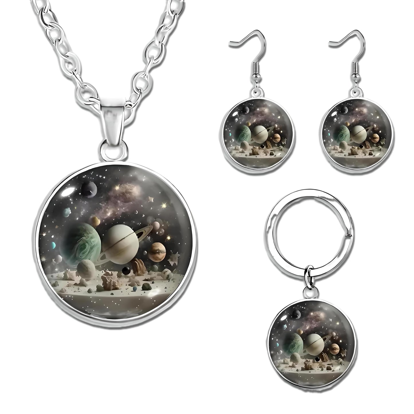 Galaxy Space Jewelry Set, Solar System Pendant Necklace with Earrings and Keychain - Solar System Jewelry Gift