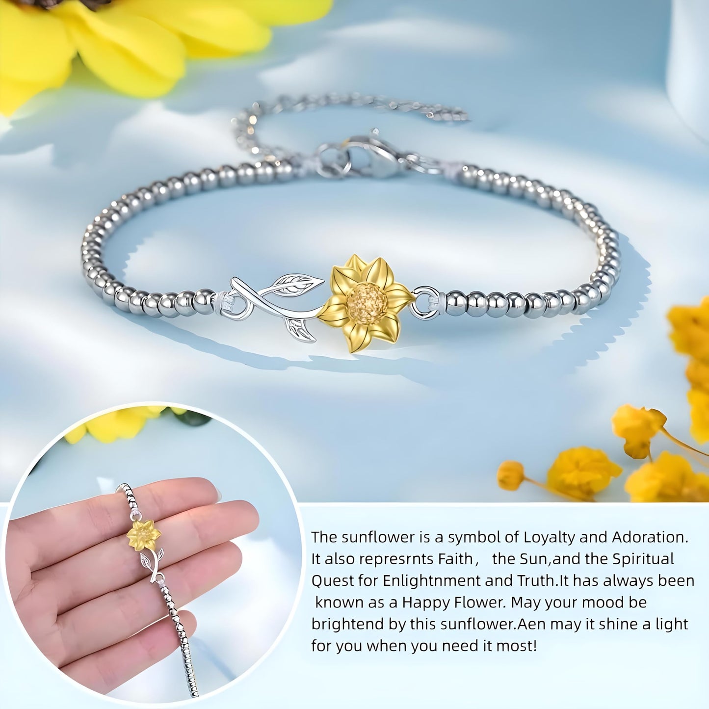 Sunflower Beaded Bracelet, Silver Chain with Gold Flower Charm, Inspirational Jewelry Gift