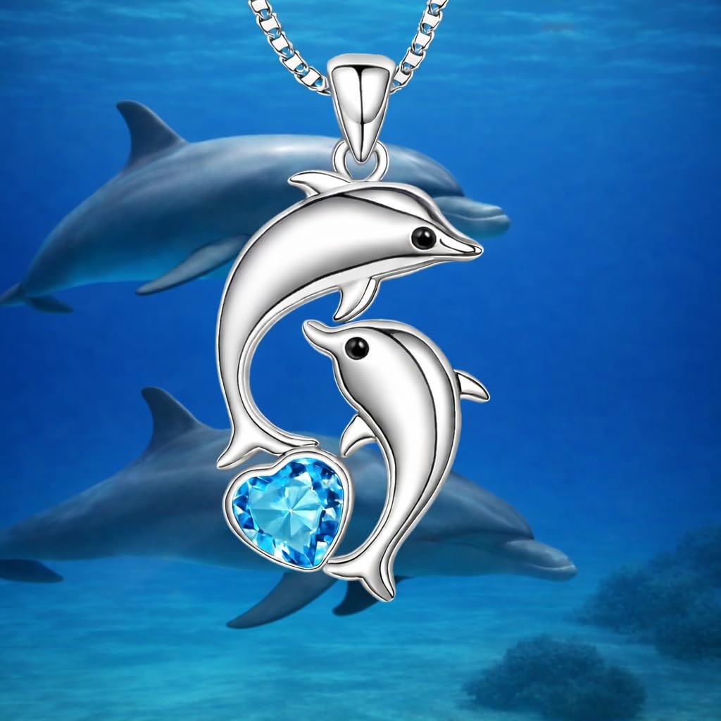 SUPAC Fashion Dolphin Necklace Heart-shaped Cubic Zirconia Decor Pendant Necklace, Cute Animal Dolphin Accessories - Christmas, Birthday Gift