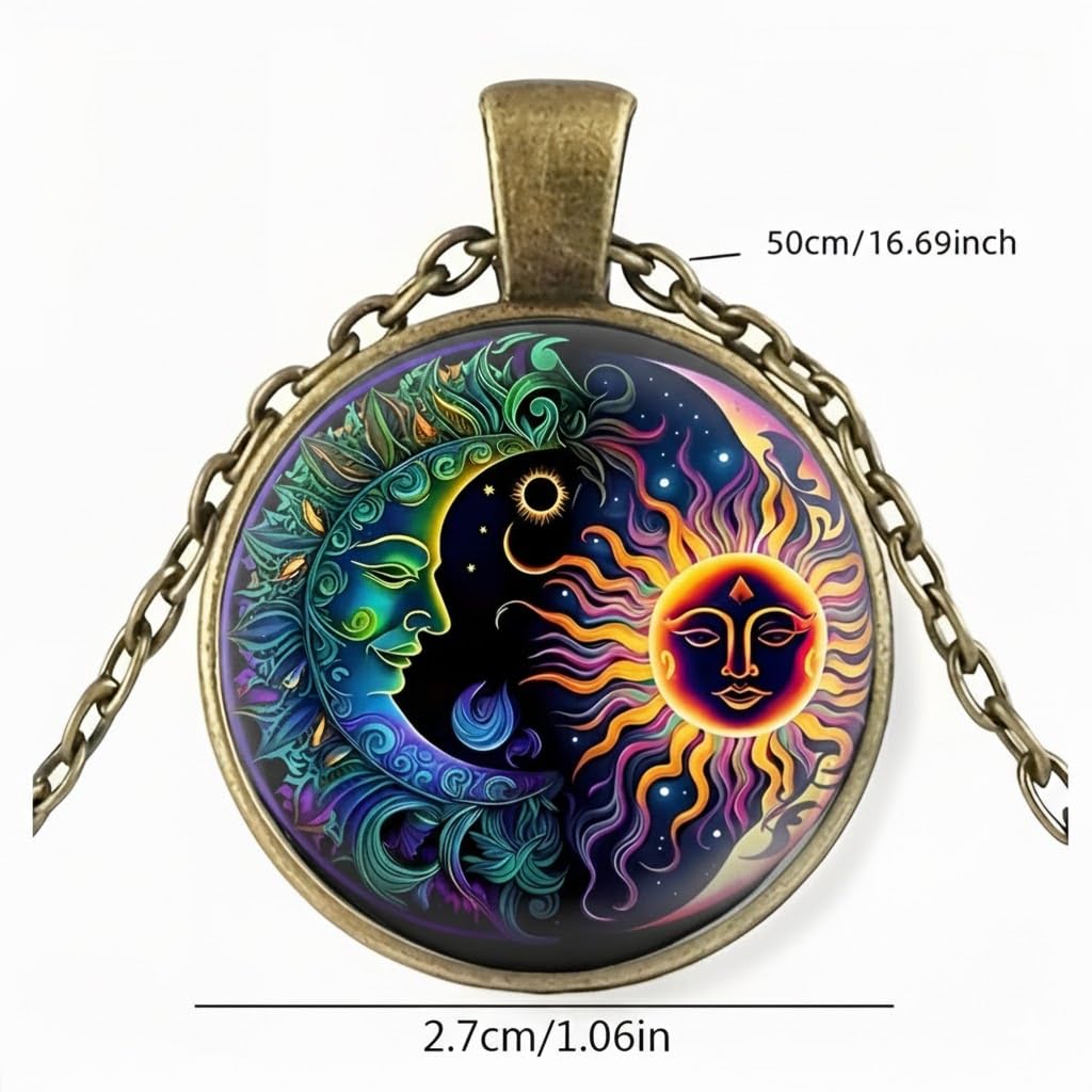 Celestial Sun and Moon Pendant Necklace, 17.7 inch Chain, Colorful Mystical Design (Bronze Chain)