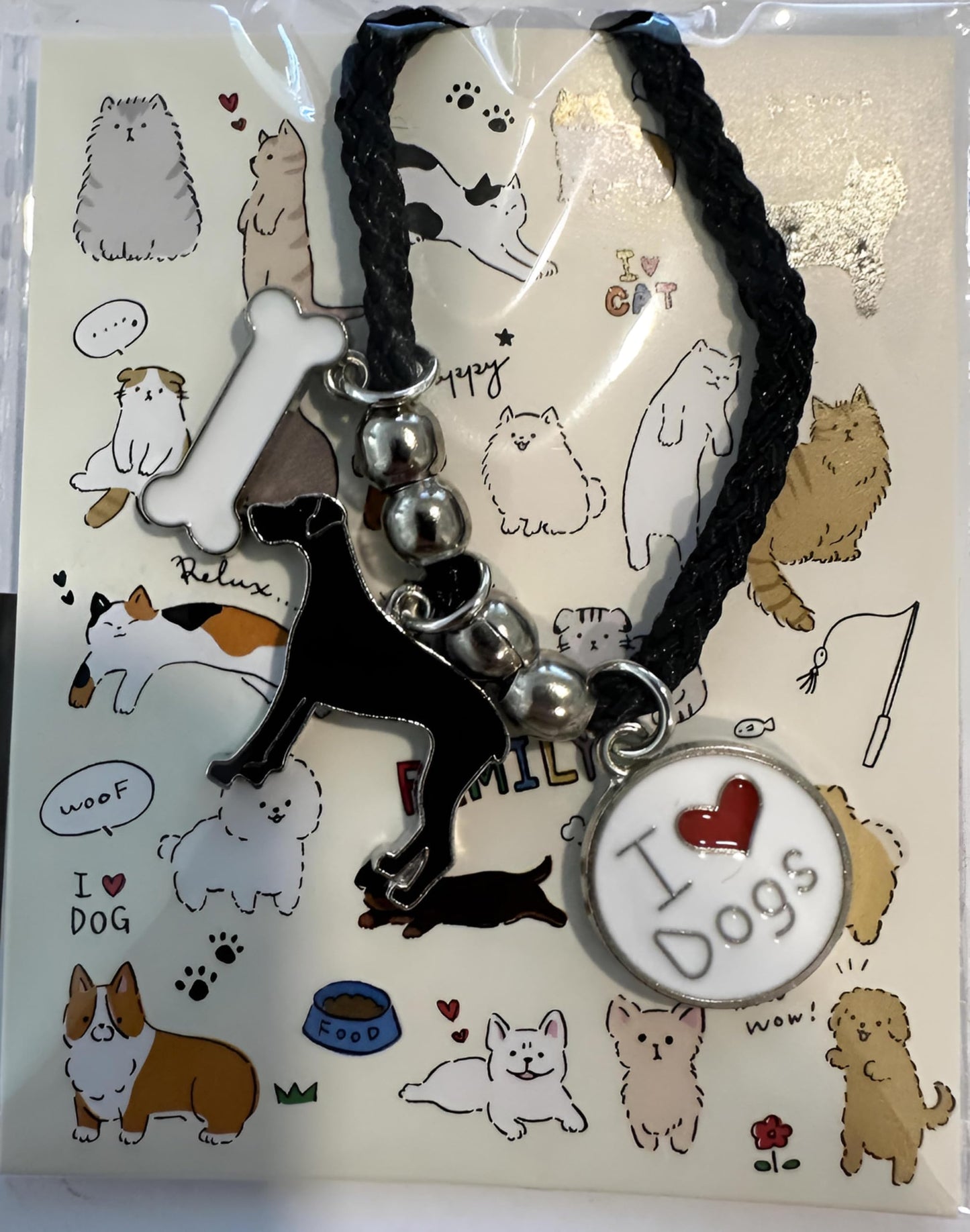Pet Charm Bracelet with Dog Charms, Black Braided Band, I Love Dogs Design - Dog Lovers' Bracelet - Different Breeds of Dogs, Pet Lover Gift for Birthday and Holiday, Durable and Long-Lasting, Hypoallergenic and Nickel-Free, Everyday Wear (Great Dane)