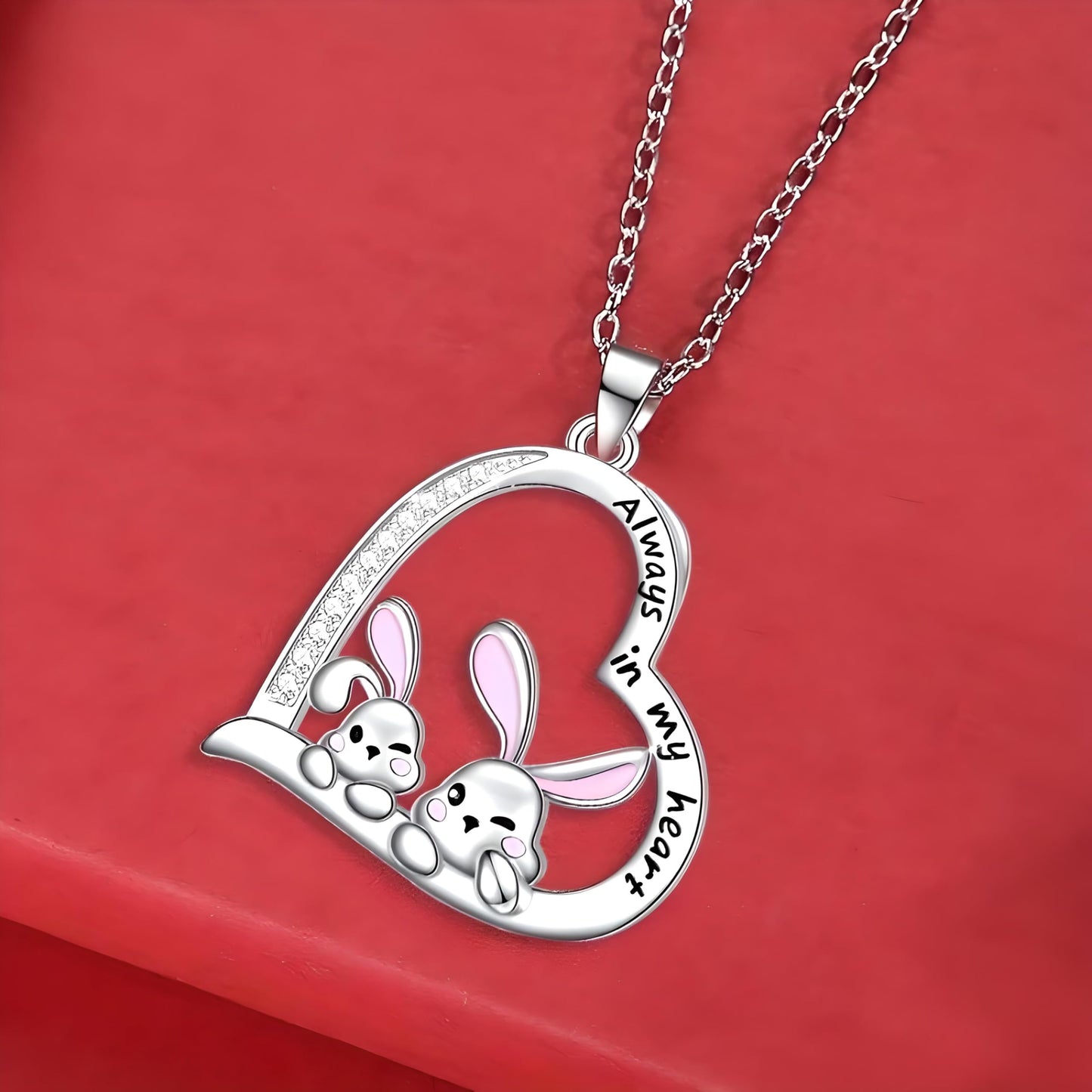 SUPAC Pair of Bunnies & Heart Pendant Necklace Always in My Heart - White Golden Plated Alloy with Resin Accents, Birthday or Friendship Gift, 2+ Options