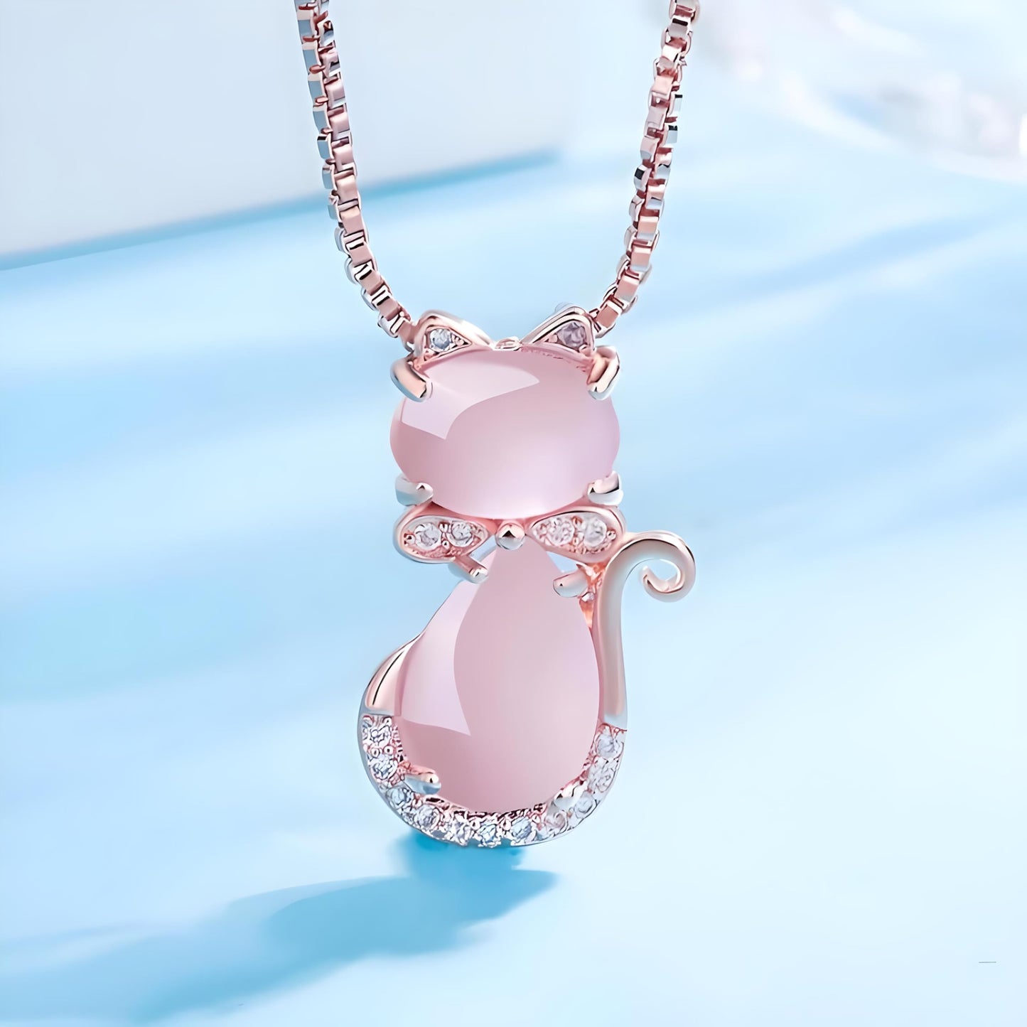 SUPAC Pink Cat Jewelry Set, Rose Gold Plated Crystal Necklace Earrings Ring, Gift for Cat Enthusiasts