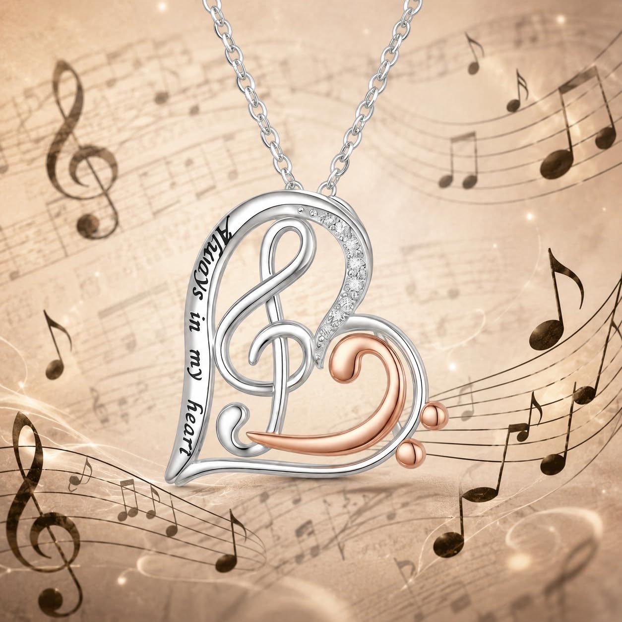 SUPAC Musical Note Heart Necklace, Stainless Steel and Rose Gold Two-Tone Treble Clef Design with Crystals - 'Always in my heart' Engraved