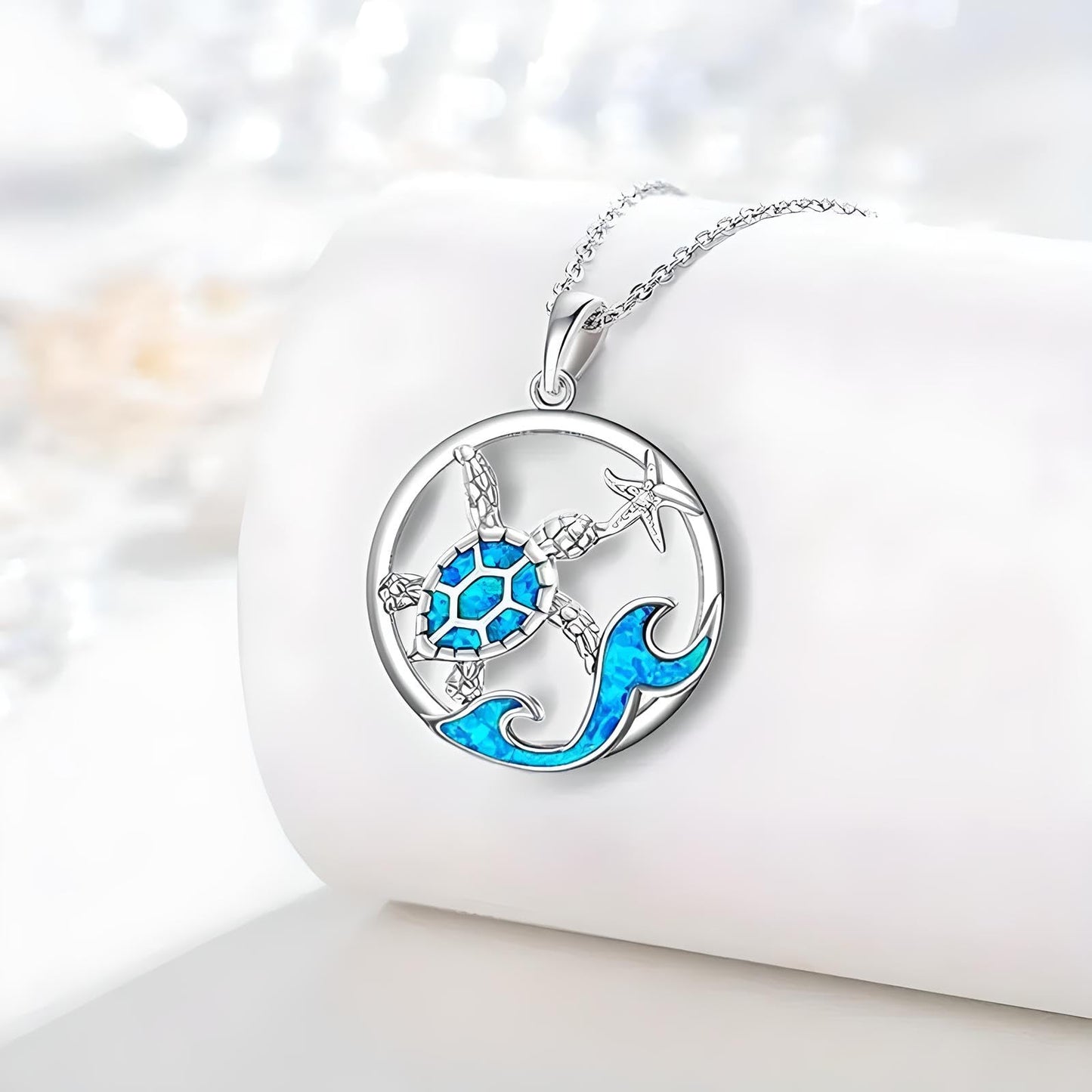 SUPAC Sea Turtle Necklace with Blue Opal, Ocean Wave Design, 0.71 inch Pendant