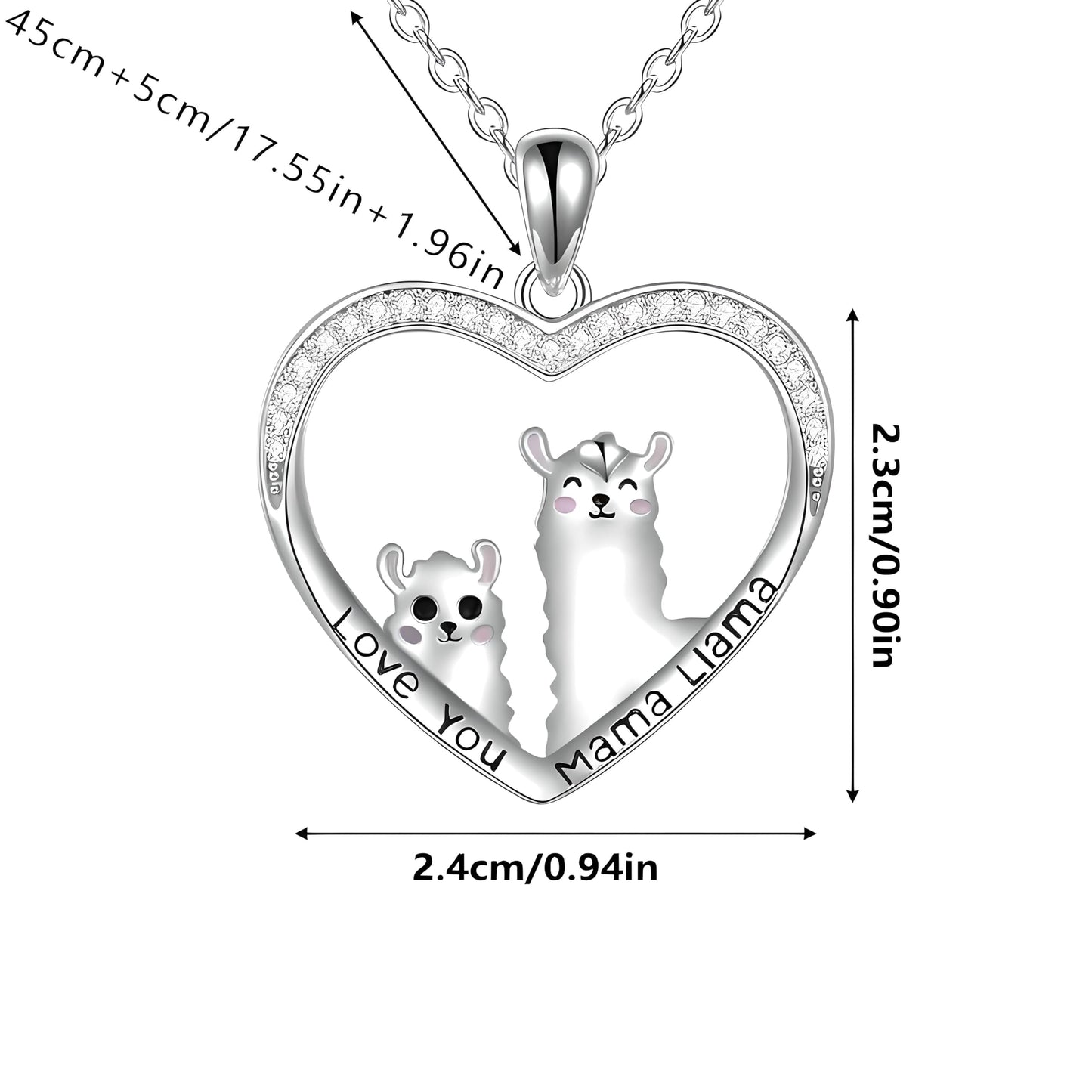 Heart-Shaped Llama Jewelry Set, Sterling Silver Necklace and Earrings, Crystal Rhinestone - Llama Gift