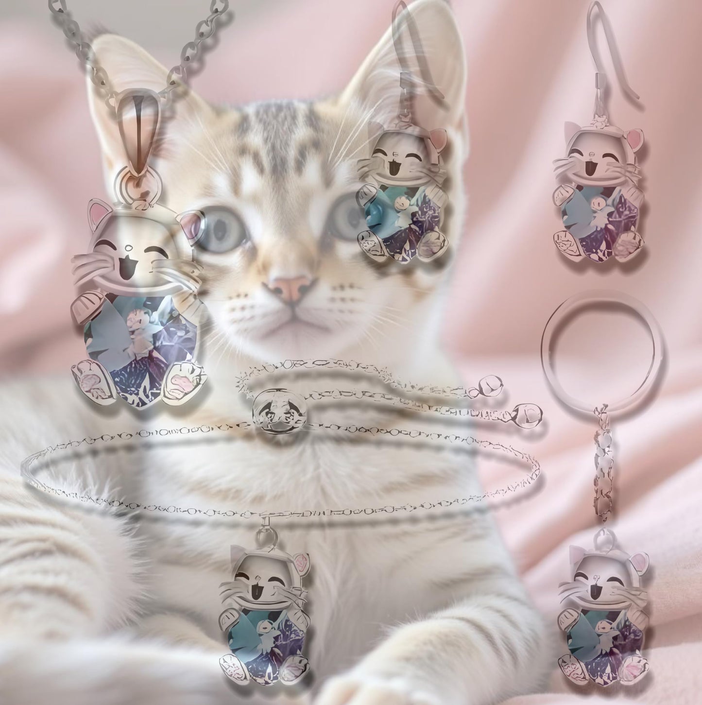 Lucky Smiling Cat Crystal Jewelry Set, Necklace Bracelet Earrings Keychain, Blue and Purple Crystal, Silver