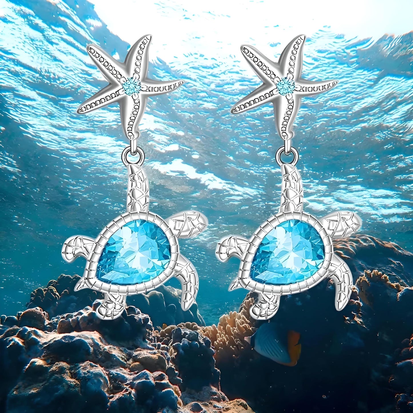 Pair of Cute Starfish and Turtle Stud Earrings - Stainless Steel Ear Needles, Man Made Rock Mosaic, Plated White K Finish, Alloy Construction