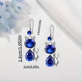 Crystal Cat Drop Earrings with Cubic Zirconia, Stainless Steel, Pink Blue Green Purple White Colors Available, 1.2cm Length