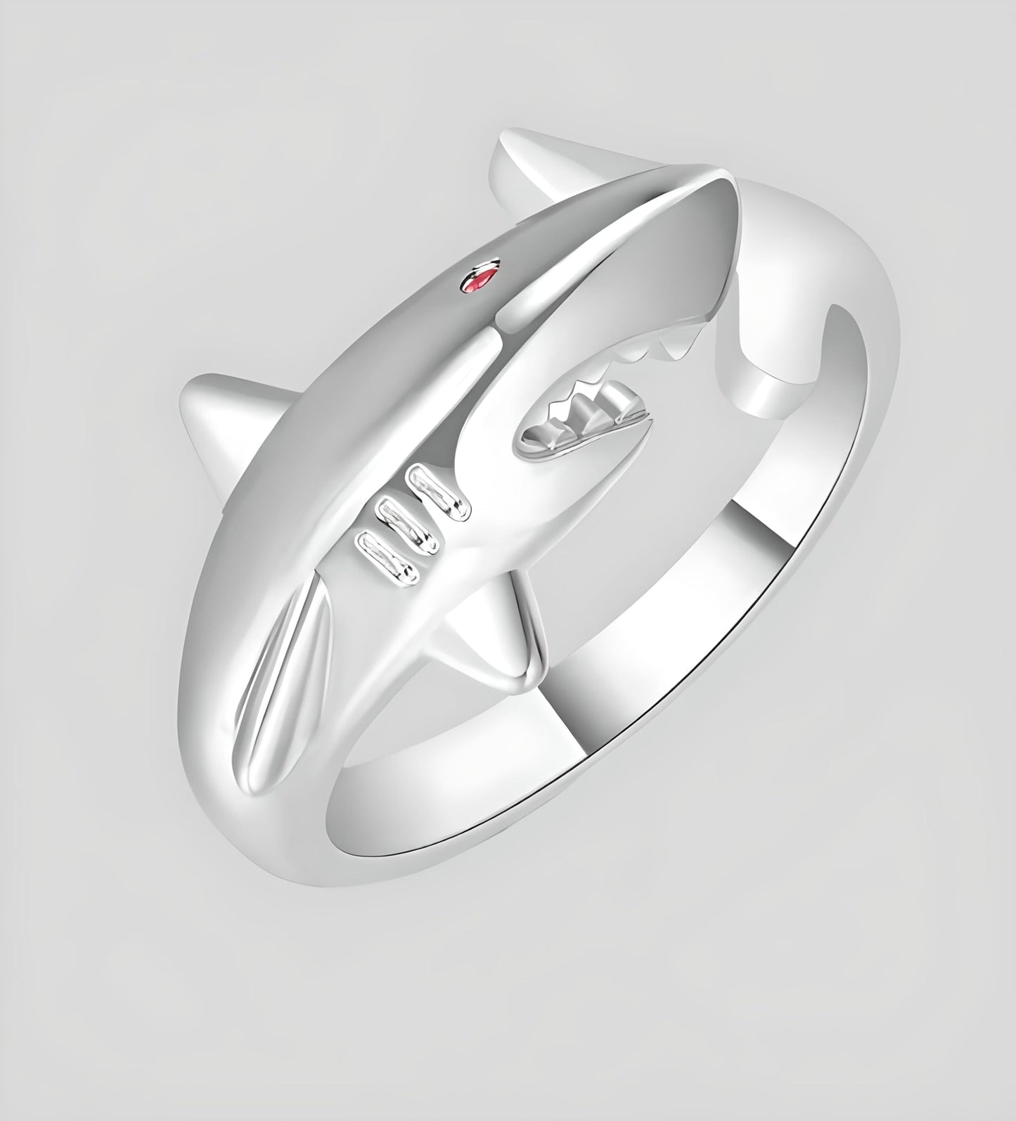 Sterling Silver Great White and Hammerhead Shark Adjustable Ring with Black Cubic Zirconia Accents