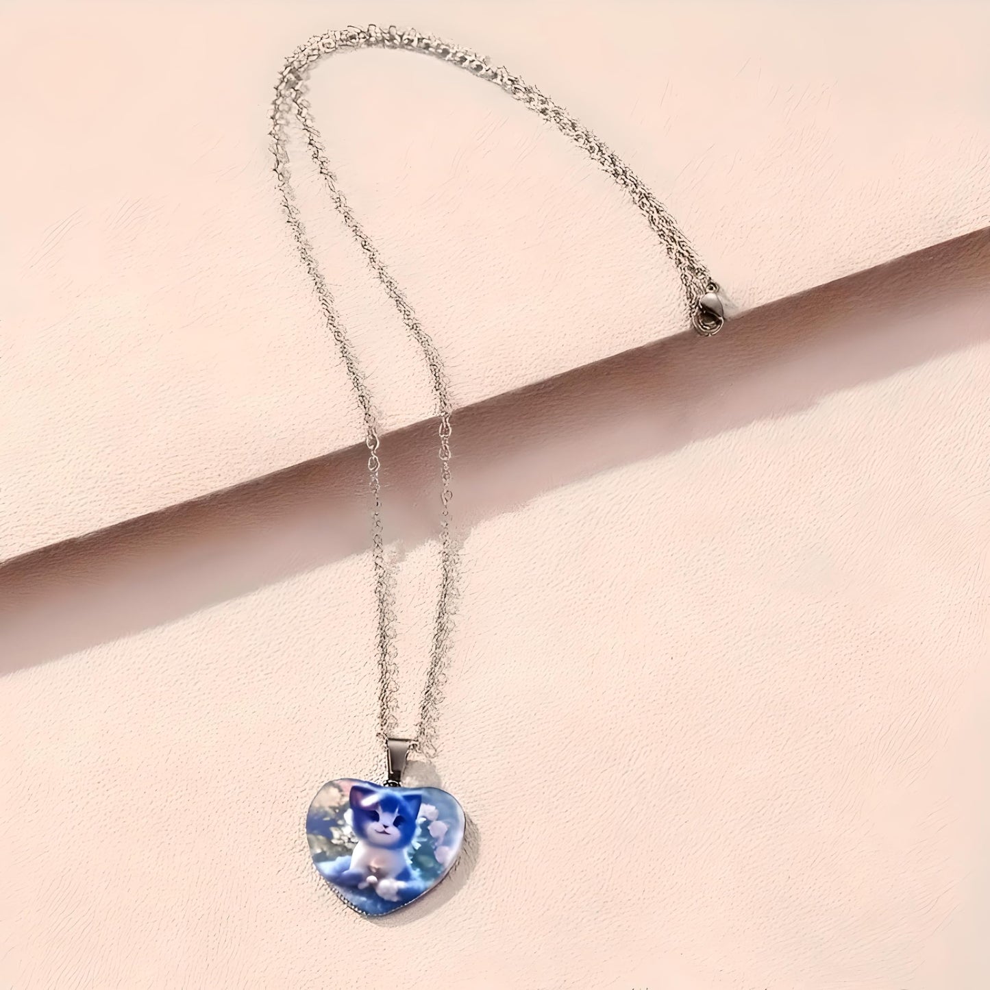 Heart-Shaped Cat Pendant Necklace with Floral Design, 19 inch Chain - Stainless Steel with Glass Pendant - Christmas, Holiday, or Birthday Gift