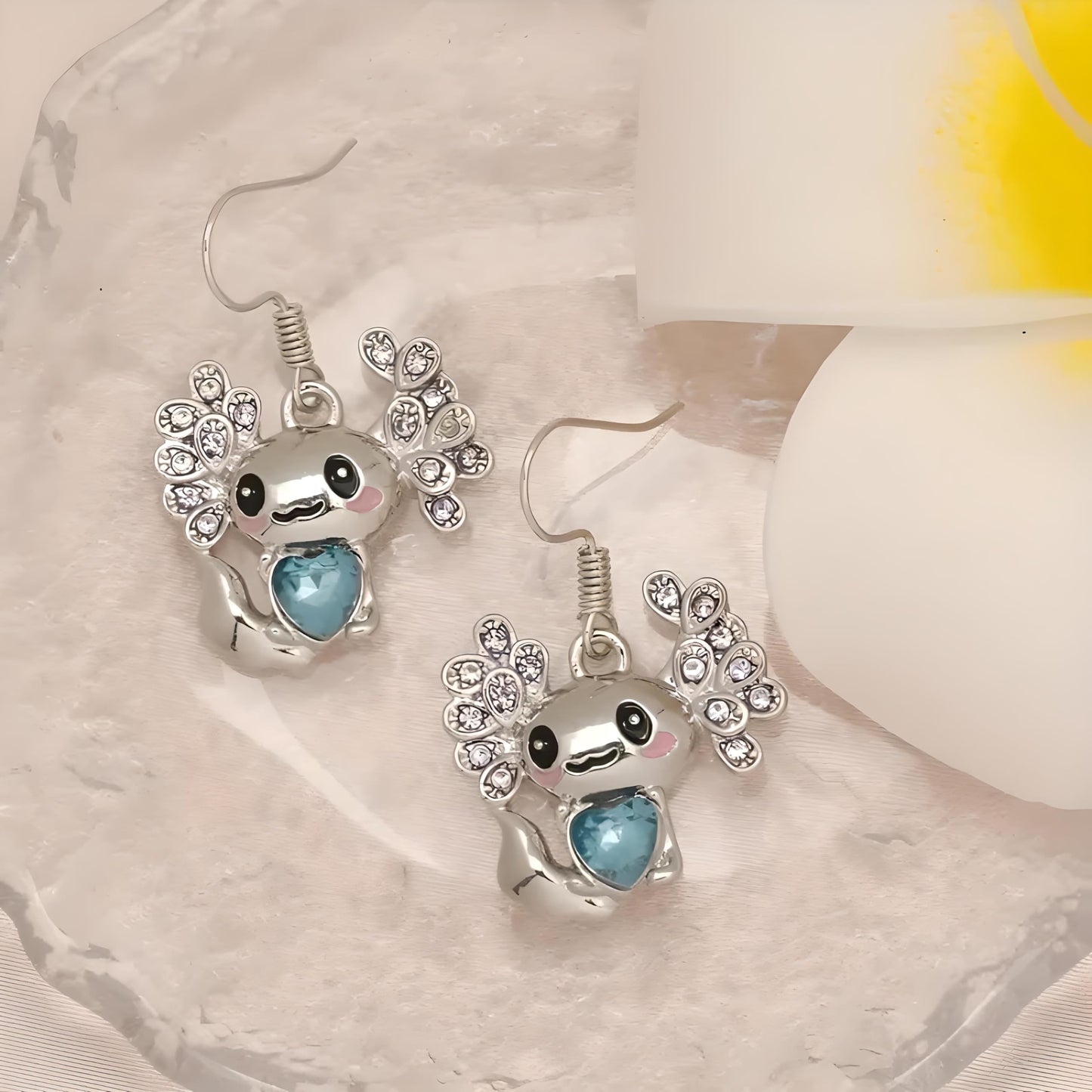 Cute Salamander Jewelry Set with Blue Crystal Heart, Silver Necklace, Earrings, Bracelet and Keychain
