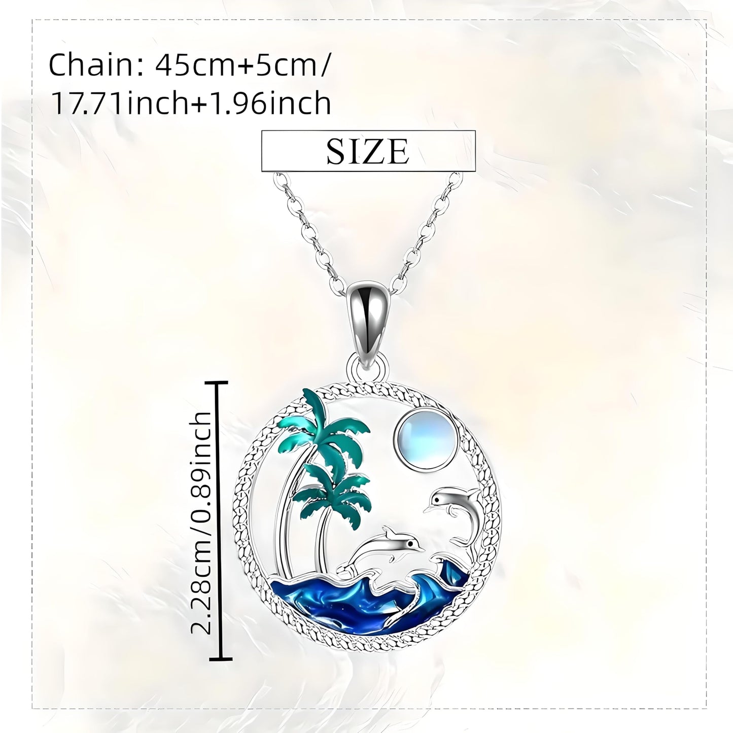 Tropical Beach Pendant Necklace, Sterling Silver Dolphin and Palm Tree Design, 19.7 Inch Chain