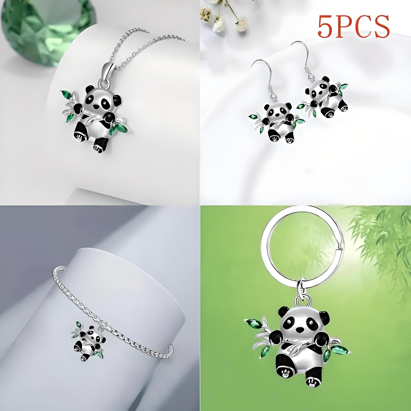 Panda Jewelry Set with Necklace, Earrings, Bracelet and Keychain, Silver with Green Crystal Bamboo Leaves