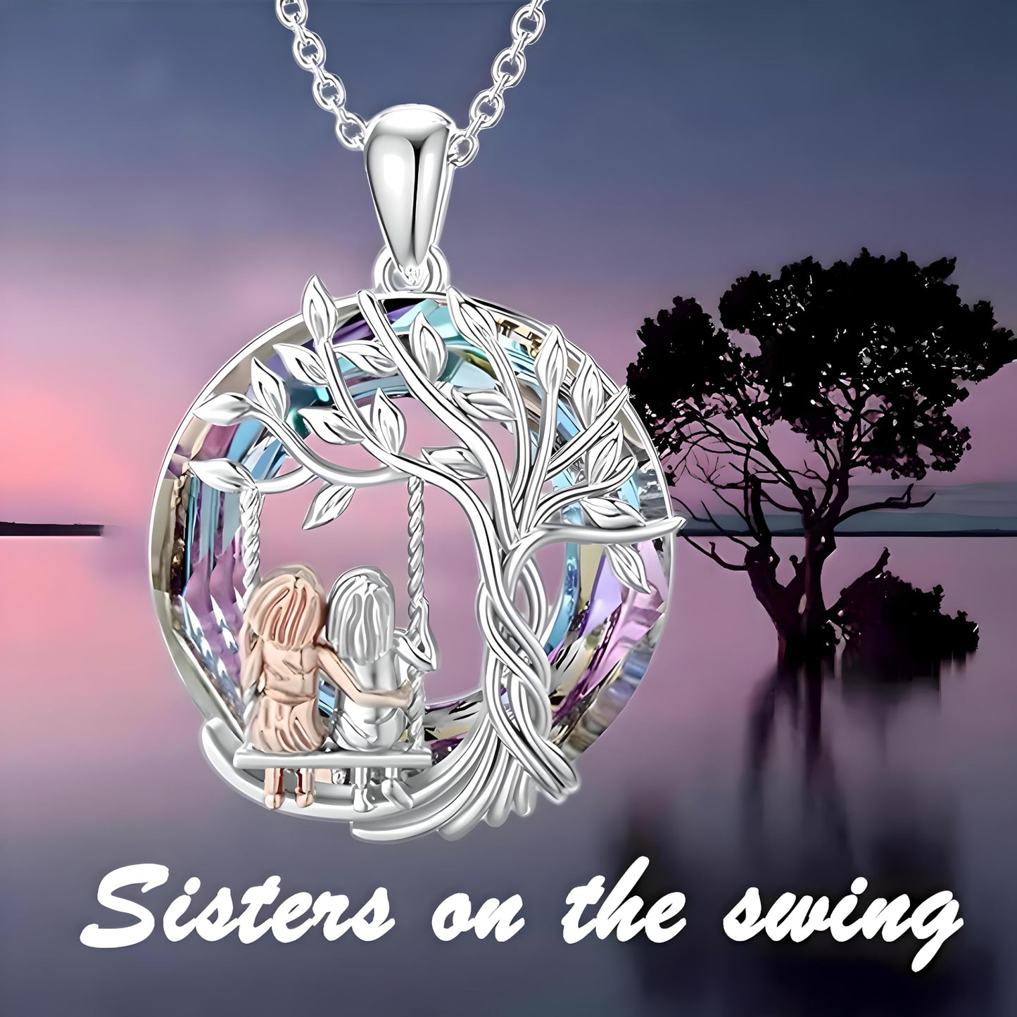 2 PC Tree of Life Pendant + Swinging Necklace, Silver Chain, Rainbow Crystal Accents, Vintage Swing Design