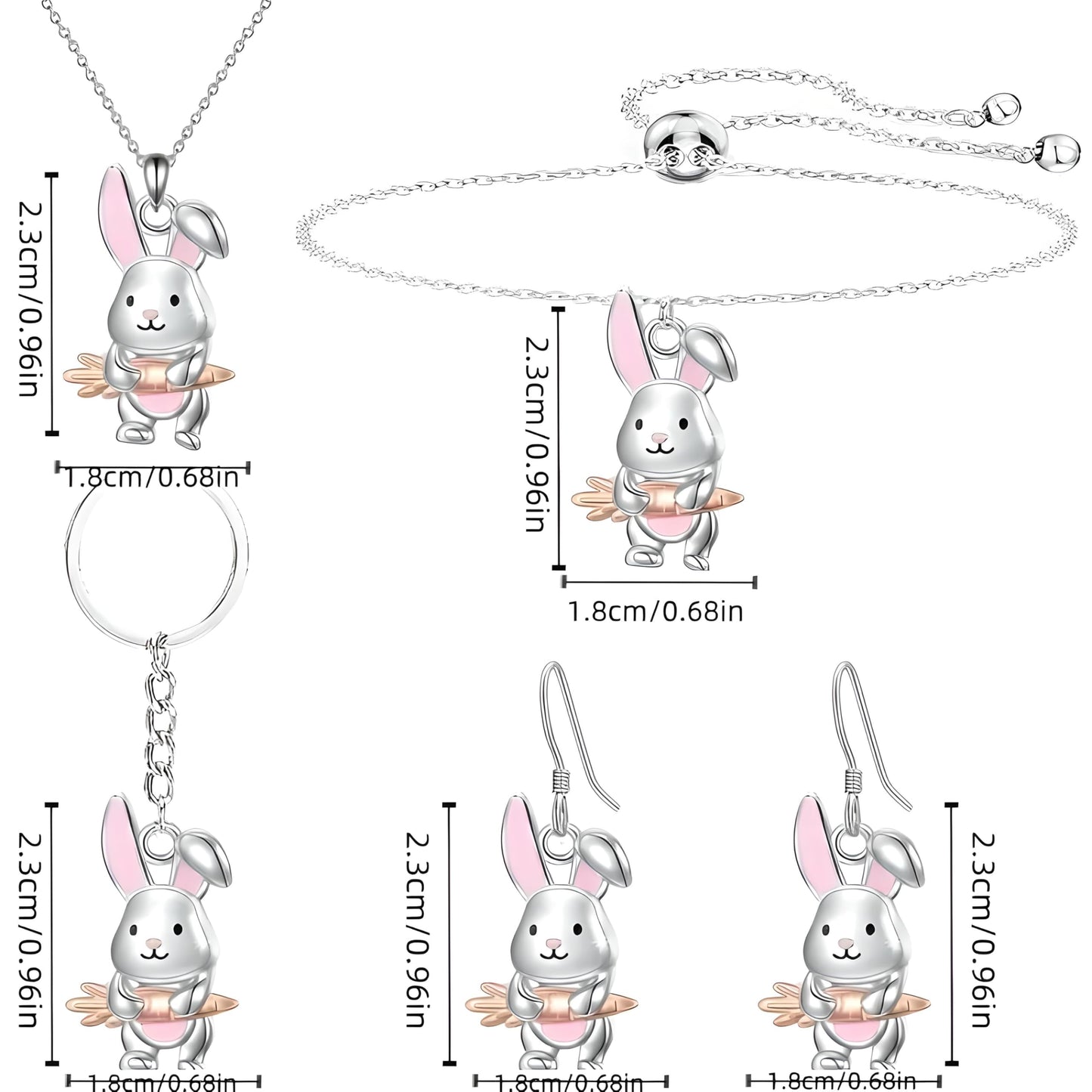Cute Bunny Jewelry Set with Necklace, Bracelet, Earrings and Keychain, Silver and Pink - Rabbit Jewelry Gift