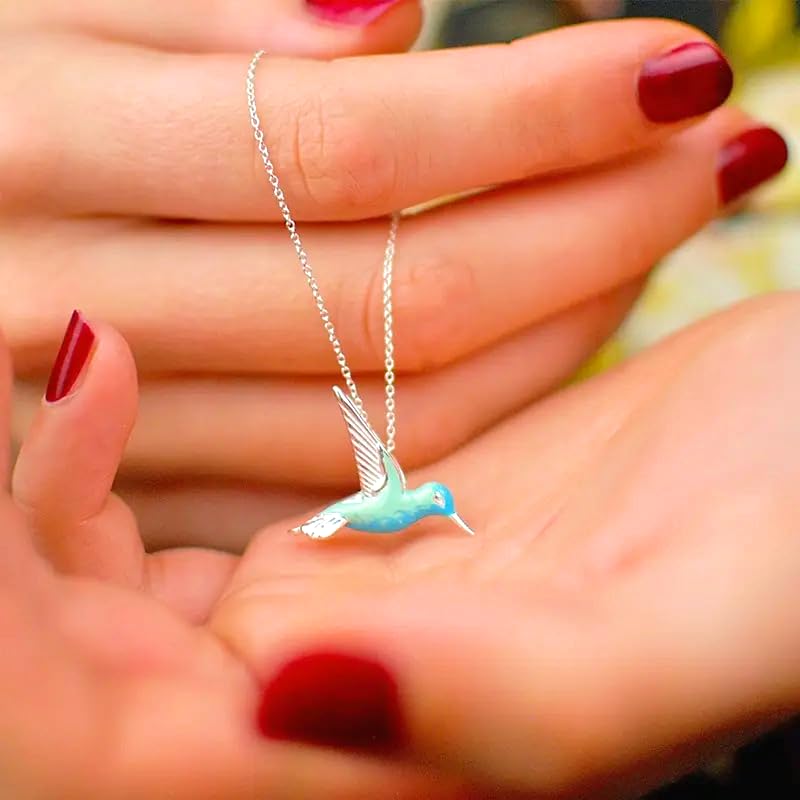 Hummingbird Pendant Necklace, Sterling Silver Chain, Turquoise Blue Enamel