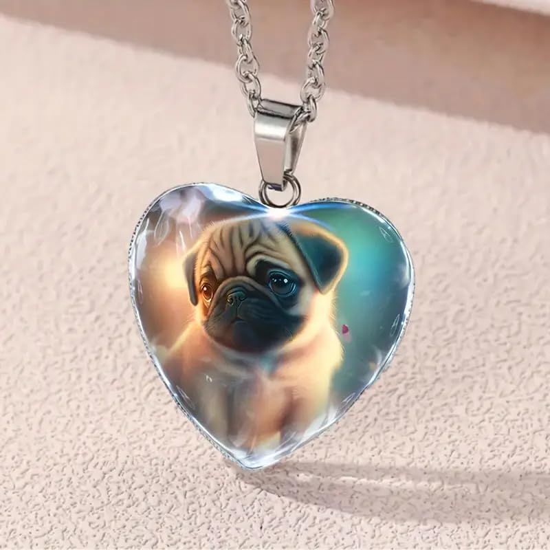 SUPAC Cute Pug Heart-Shaped Glass Pendant Necklace- Holiday, Christmas, or Birthday Gift