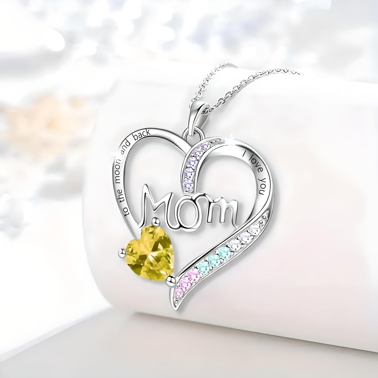 Heart Mom Necklace, Sterling Silver Crystal Pendant with Pink Heart Stone, I Love You to the Moon and Back - Mother's Day Gift