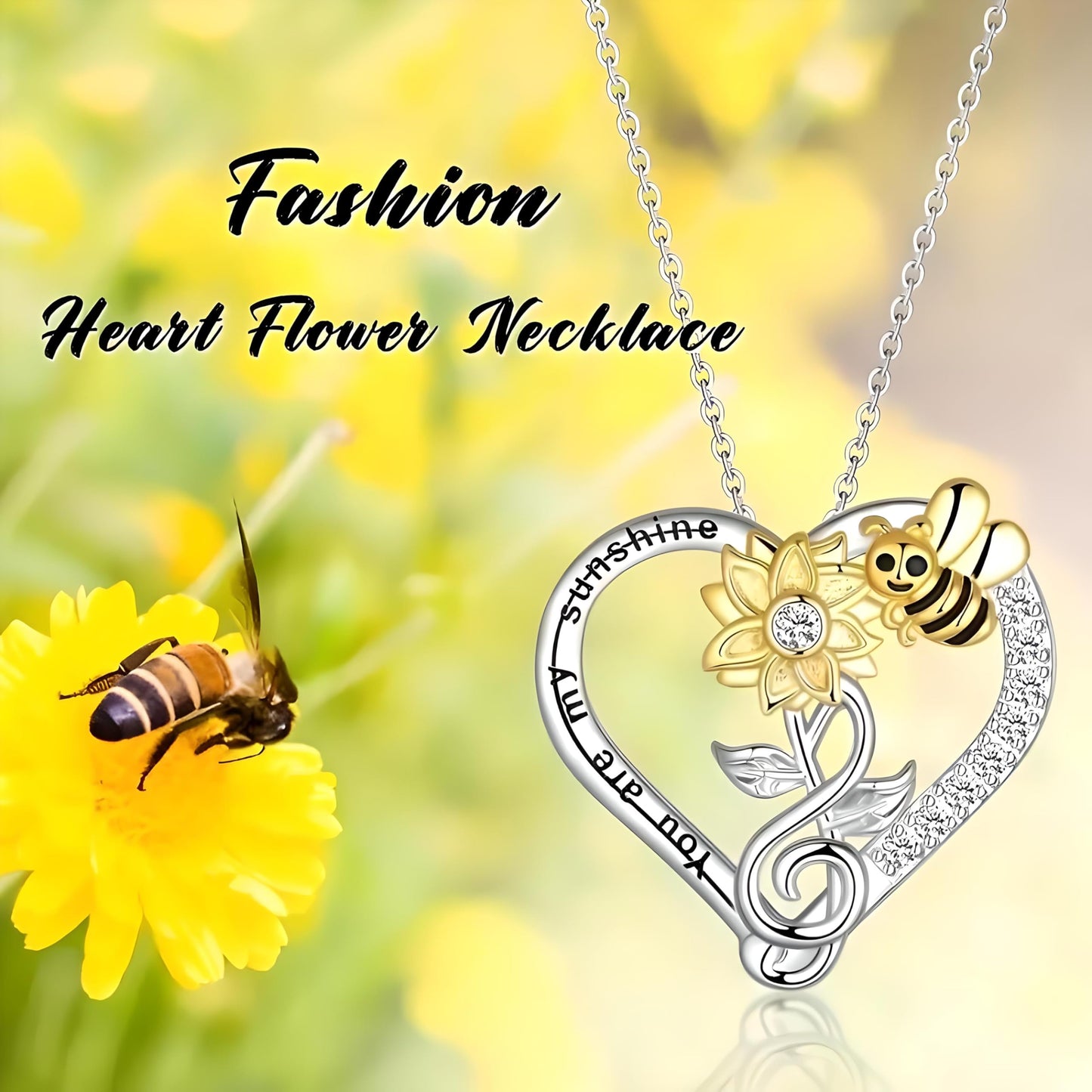 SUPAC You Are My Sunshine Sunflower and Bumble Bee Heart Pendant Necklace for Women, Dainty Jewelry, Birthday or Christmas Gift