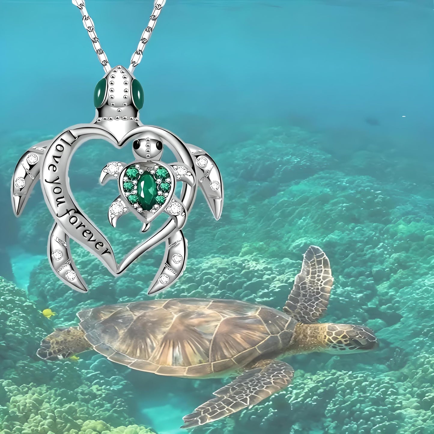 SUPAC Cute Green Turtle Mother Pendant Necklace, Animal Jewelry, Christmas or Birthday Gift