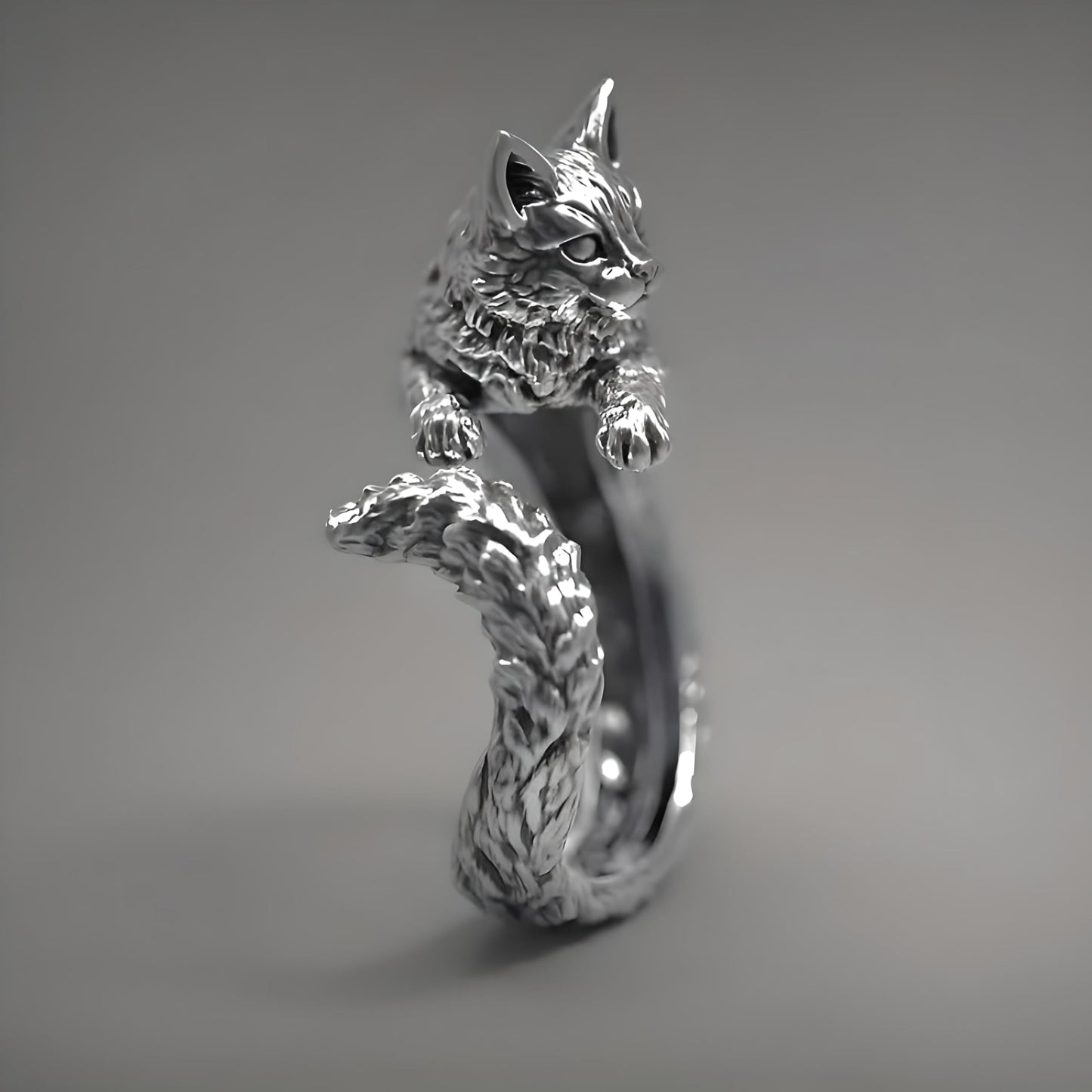 Silver Cat Ring for Men or Women, Unique Zinc Alloy Design, Antique Silver Plating - Adjustbale Stainless Steel Silver Cat Ring - Christmas or Birthday Gift