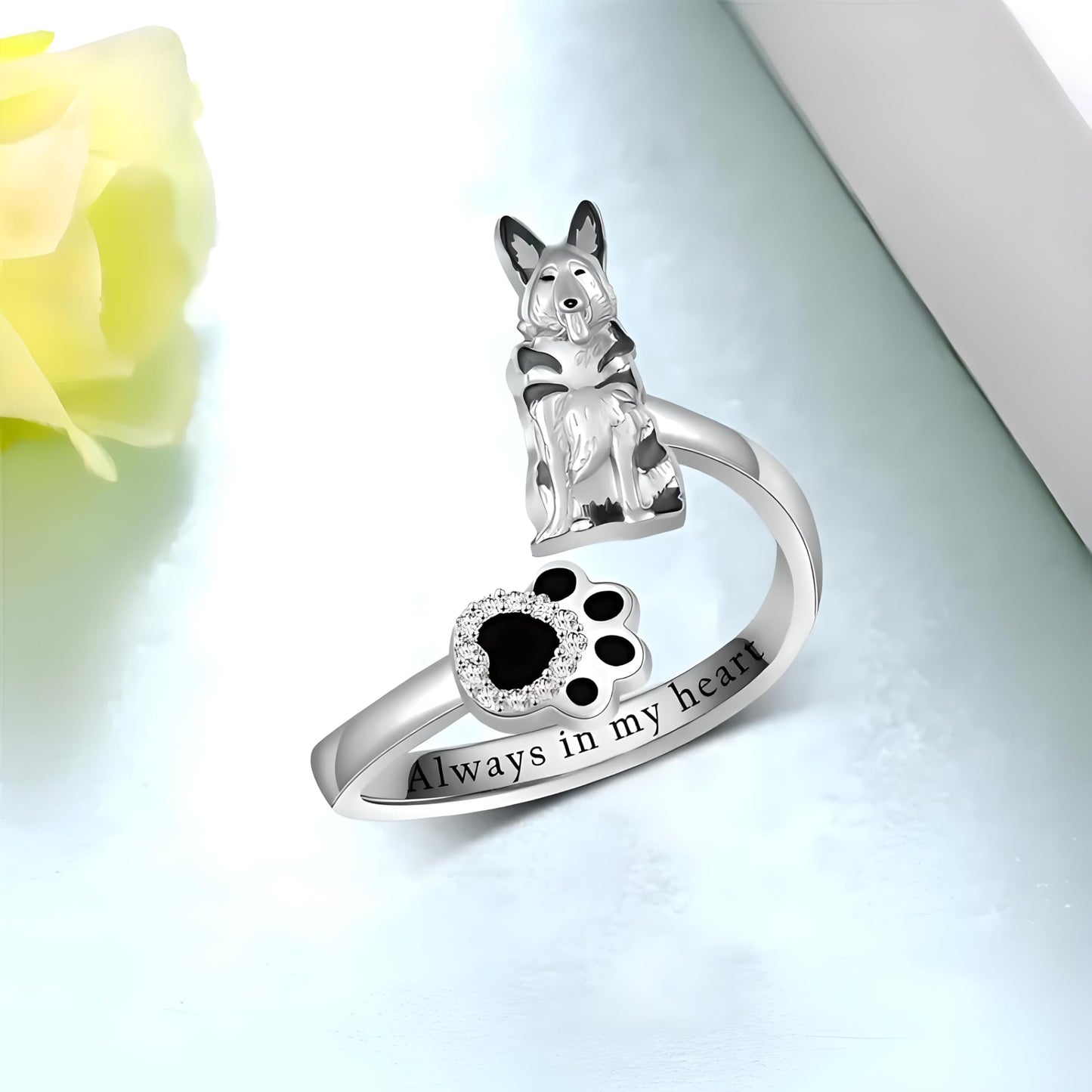 German Shepherd, Yorkie, Pug Dog Paw Adjustable Ring, Sterling Silver, Paw Print Design with Crystal Accents - Christmas, Birthday, or Party Ring