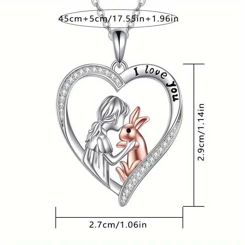 SUPAC Charming Woman & Rabbit Heart Pendant Necklace, I Love You, White Golden Plated Alloy, Birthday or Christmas Gift