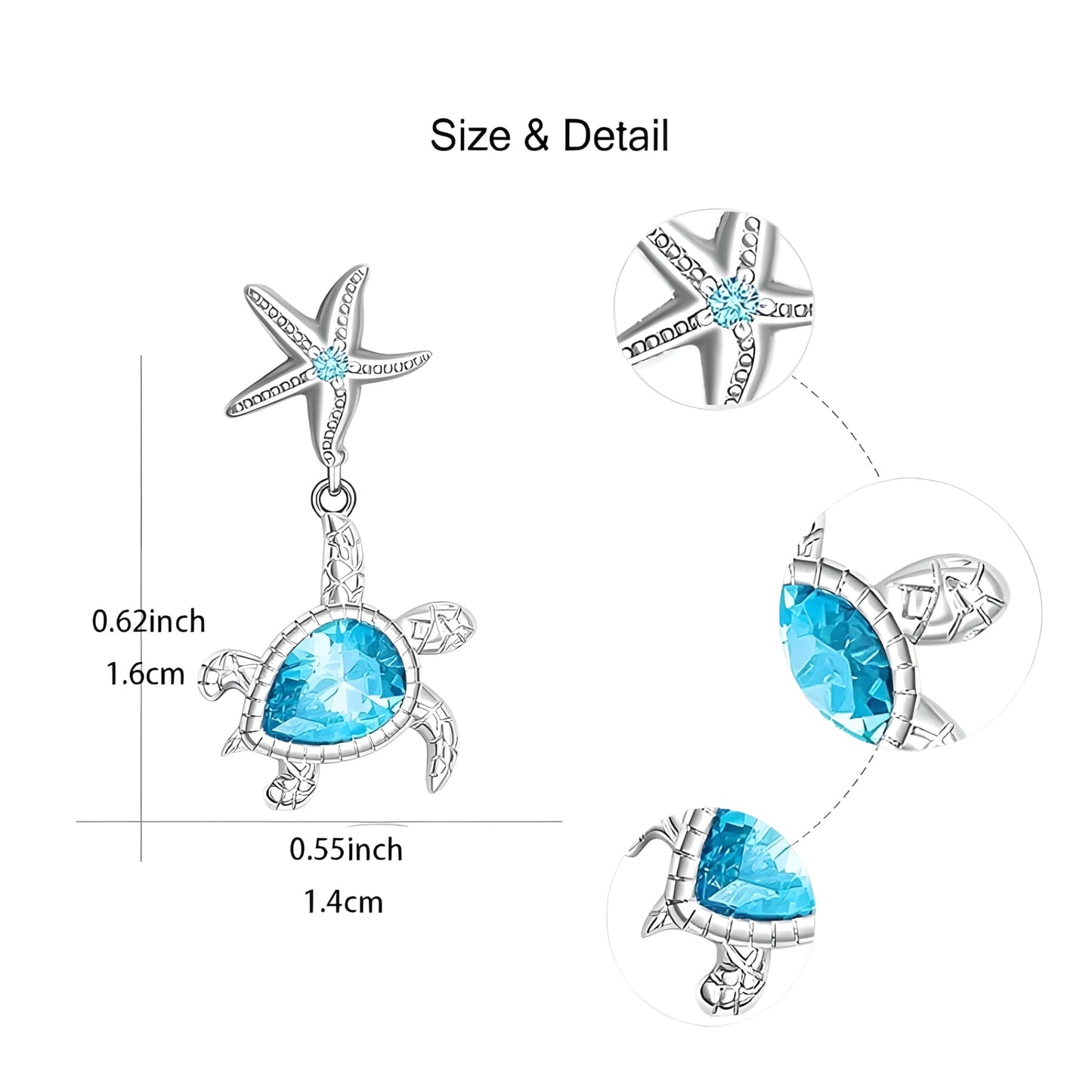 Pair of Cute Starfish and Turtle Stud Earrings - Stainless Steel Ear Needles, Man Made Rock Mosaic, Plated White K Finish, Alloy Construction