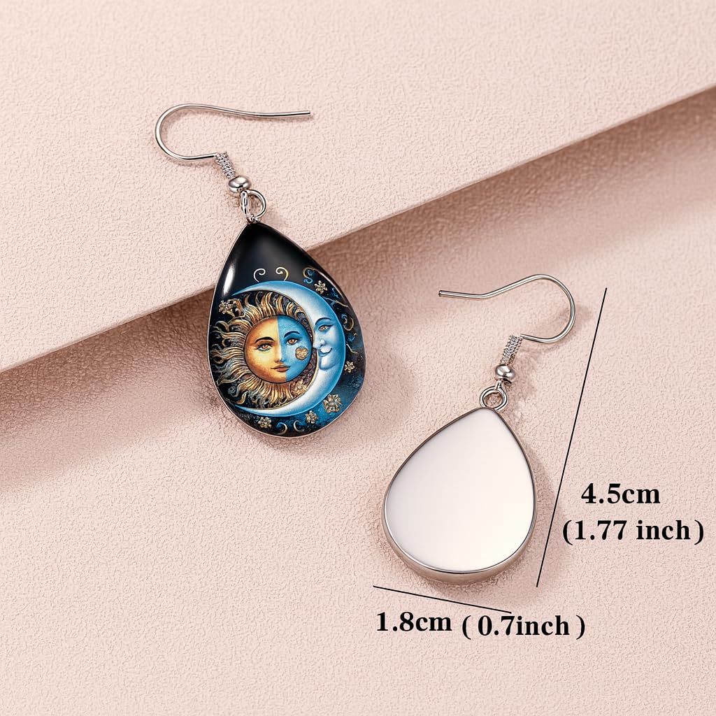 Celestial Sun and Moon Dangle Earrings, Mystical Design, Silver Hook, Teardrop and Rectangle Shapes, Decorative Jewelry Set - Oil Painting Style Glass Mosaic