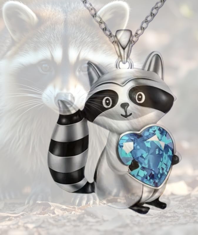Raccoon Jewelry Set with Blue Heart Crystal, Necklace Bracelet Earrings Keychain, Silver - Raccoon Jewelry Gift