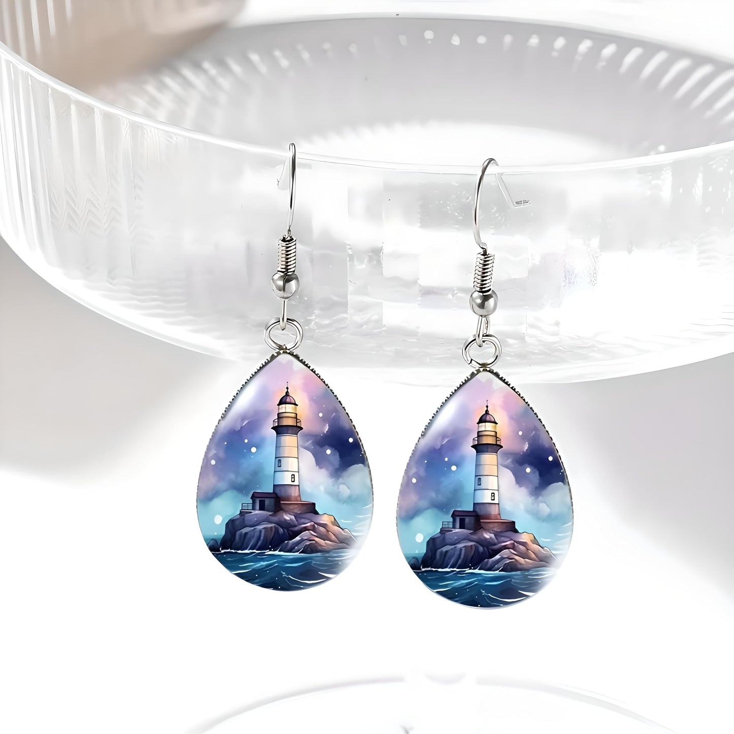 Teardrop Lighthouse Dangle Earrings, Nautical Design, 1.77 inch Length, Silver
