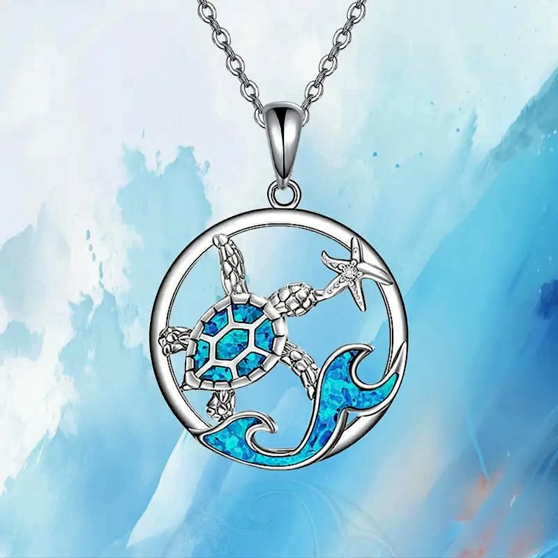 SUPAC Sea Turtle Necklace with Blue Opal, Ocean Wave Design, 0.71 inch Pendant