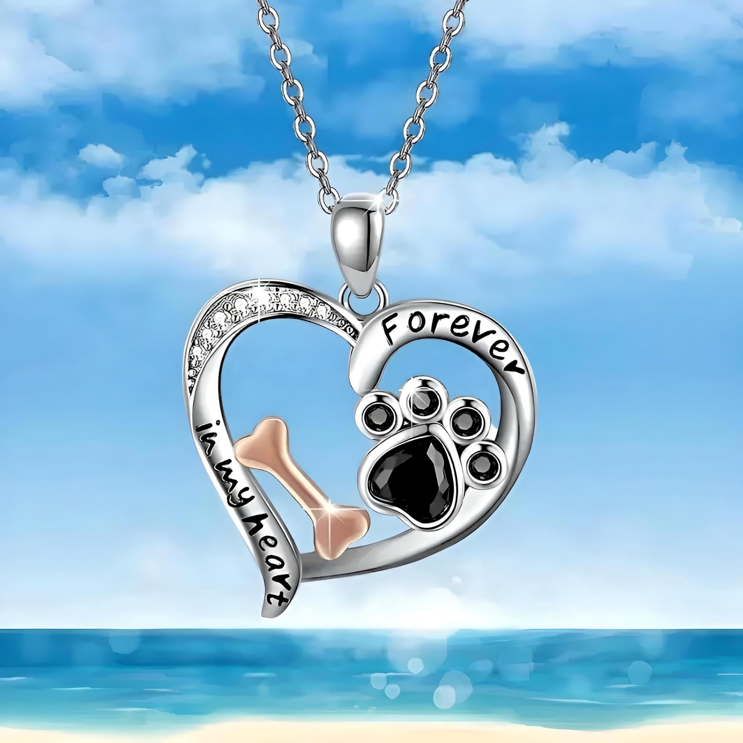 Pet Memorial Jewelry Set, Forever in My Heart Paw Print and Bone Design, 4-Piece Silver Necklace, Bracelet, Earrings and Keychain