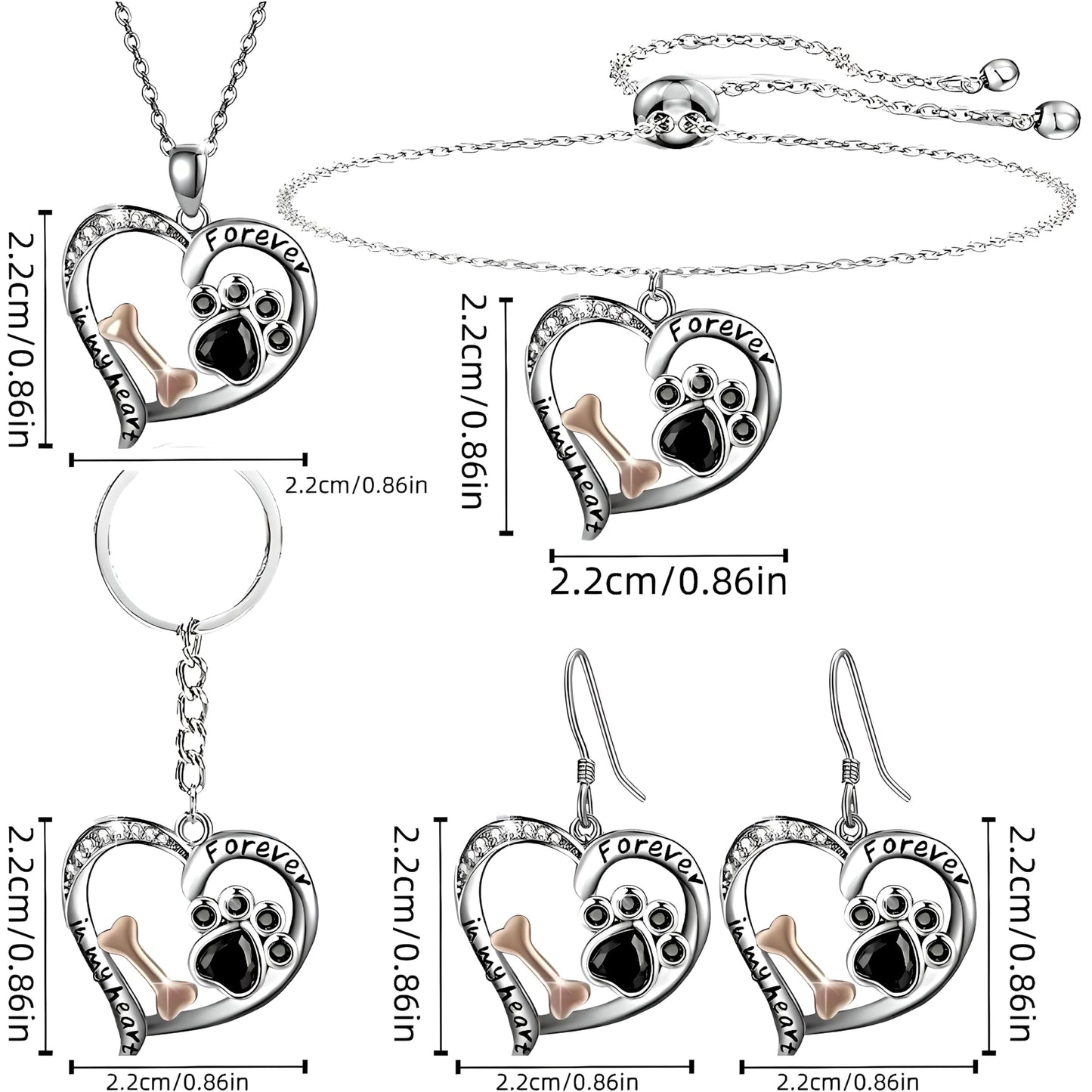 Pet Memorial Jewelry Set, Forever in My Heart Paw Print and Bone Design, 4-Piece Silver Necklace, Bracelet, Earrings and Keychain