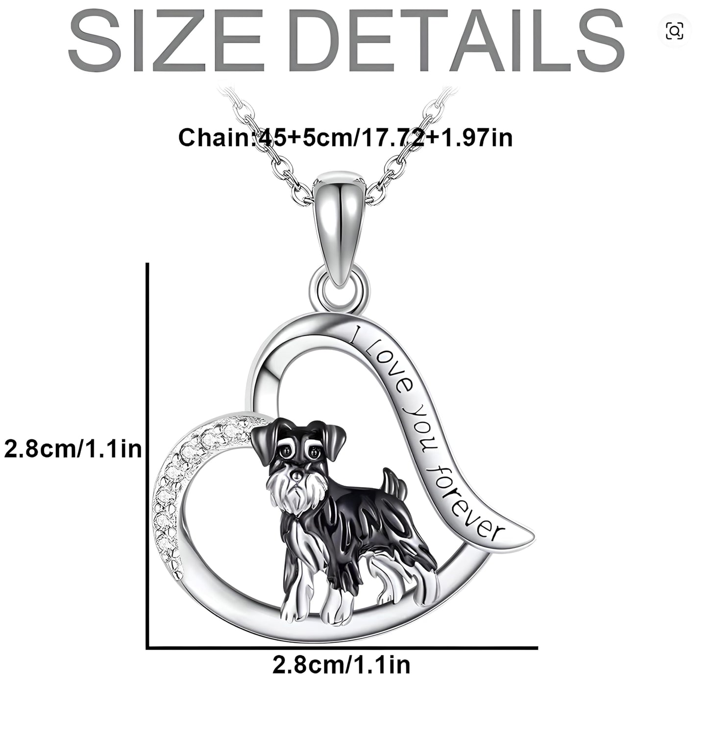 Schnauzer Dog Heart Pendant Necklace, Stainless Steel, Crystal Accent, I Love You Forever, 19.7 inch Chain