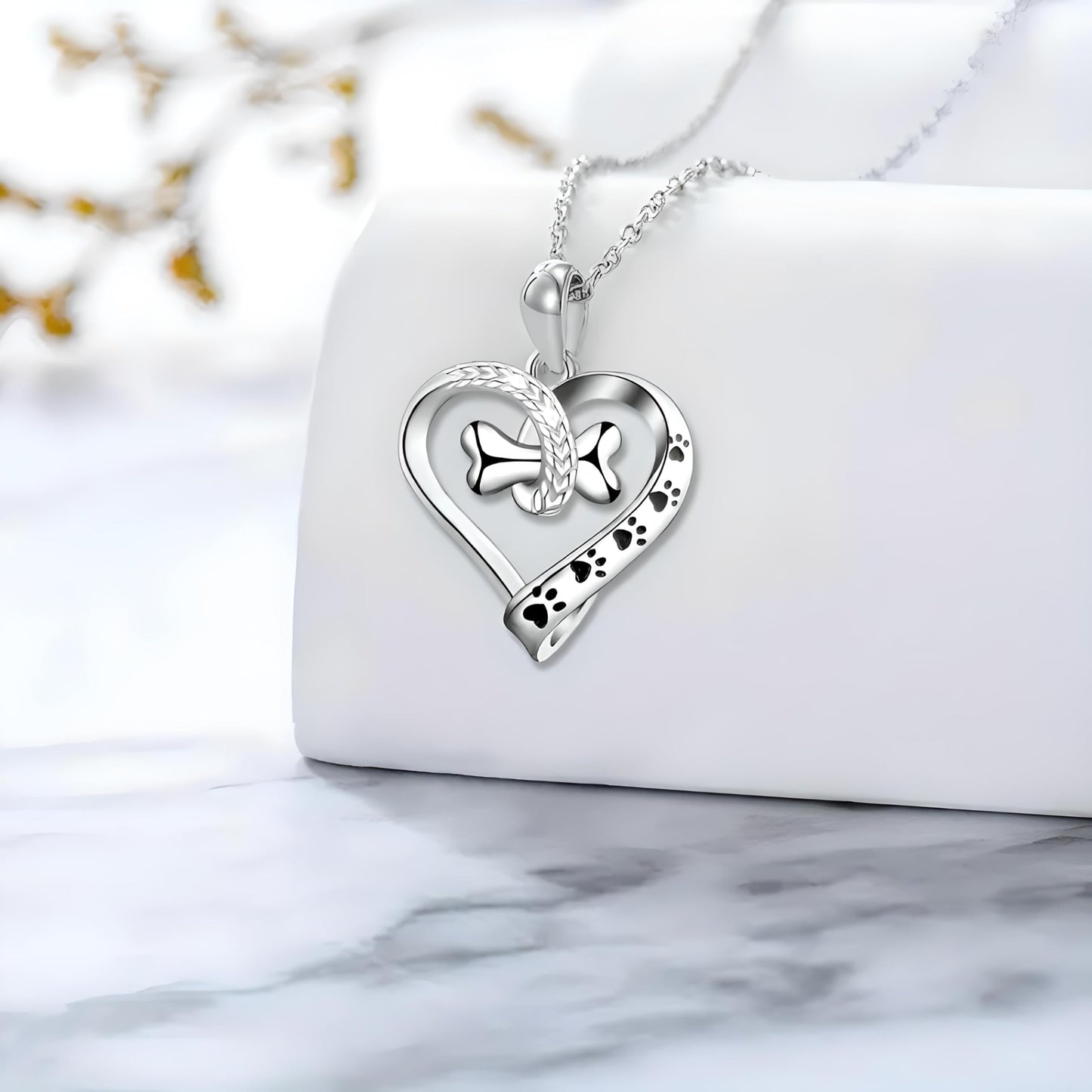 Dog Lover Heart Pendant Necklace with Bone Charm and Paw Prints, Stainless Steel Chain 17.7", Pet Memorial Jewelry