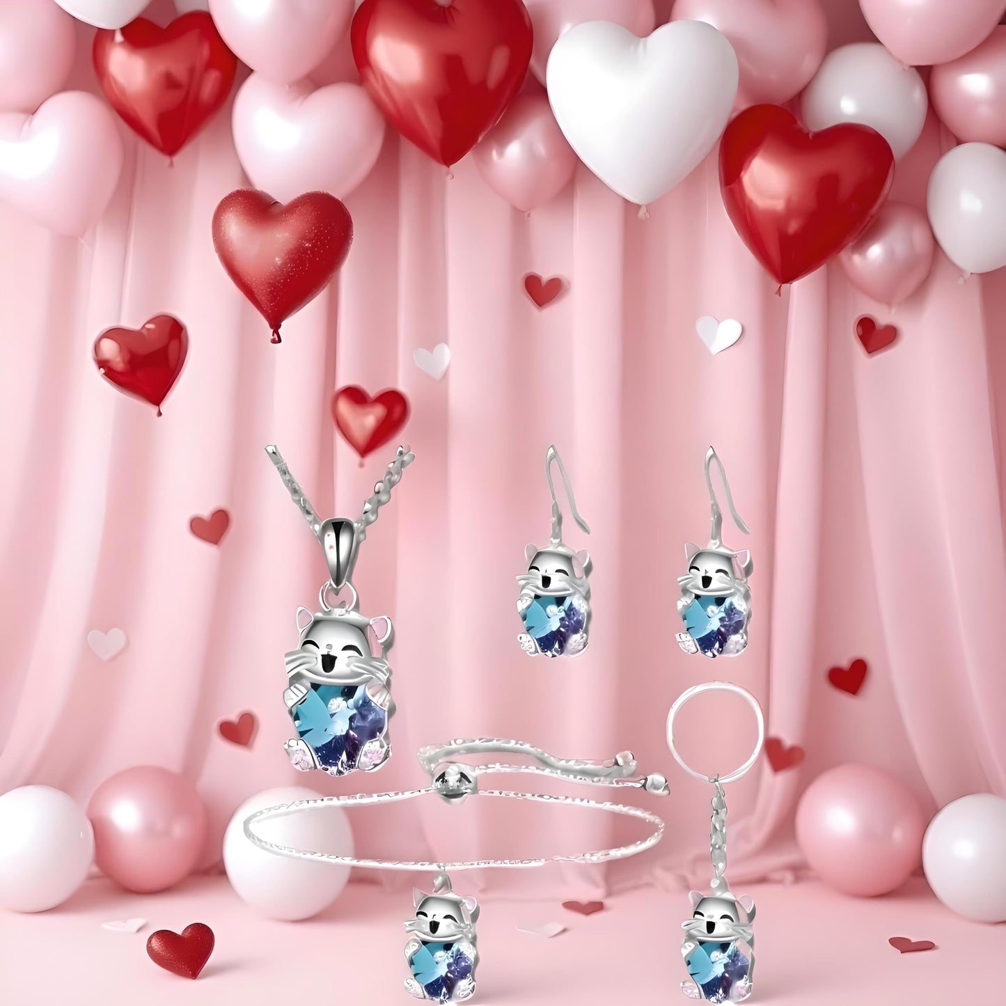 Lucky Smiling Cat Crystal Jewelry Set, Necklace Bracelet Earrings Keychain, Blue and Purple Crystal, Silver