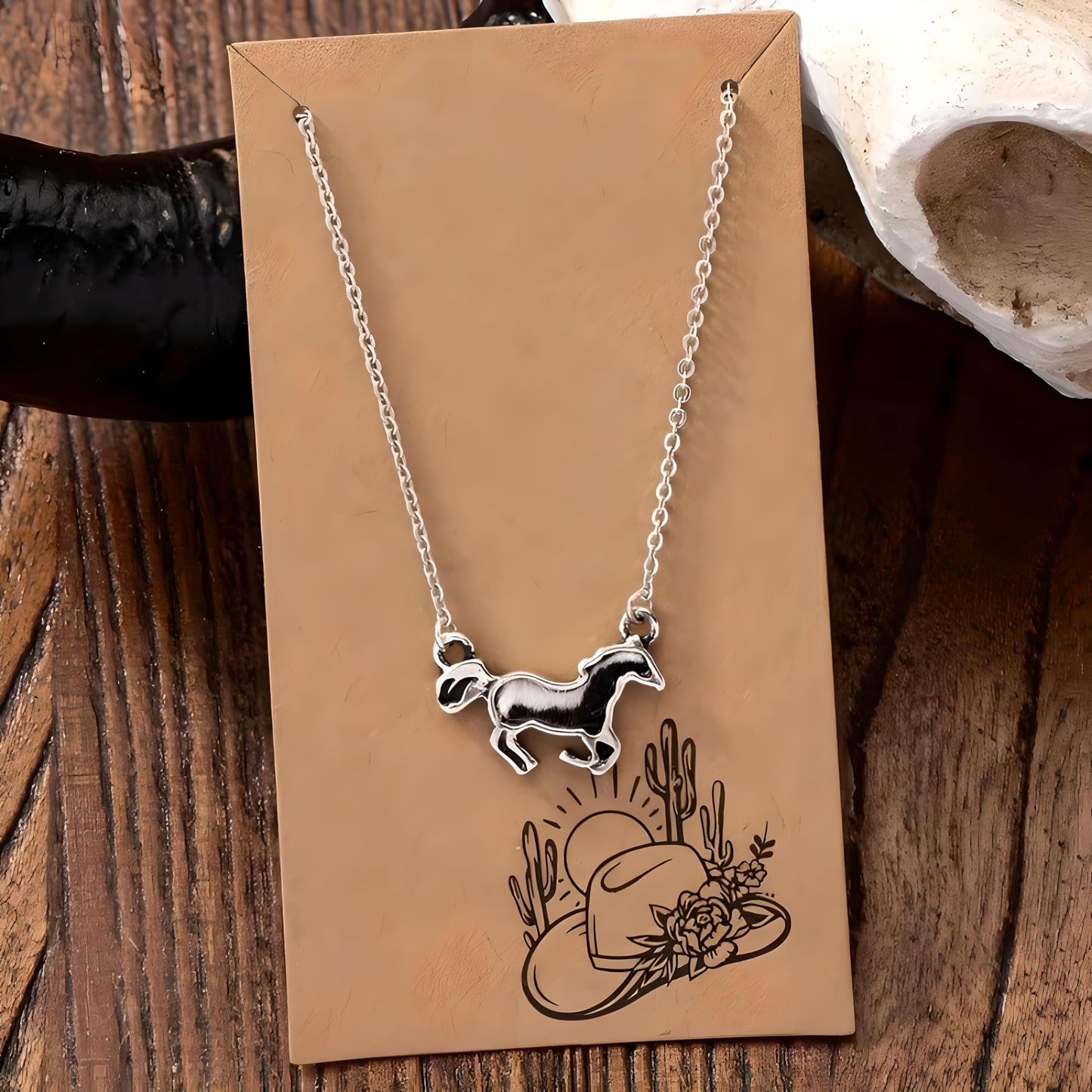 Western Farm Animal Pendant Necklace, Cow, Horse, Goat, and Pig Hide - Silver Chain, 15.35 inch + 1.97 inch Extension