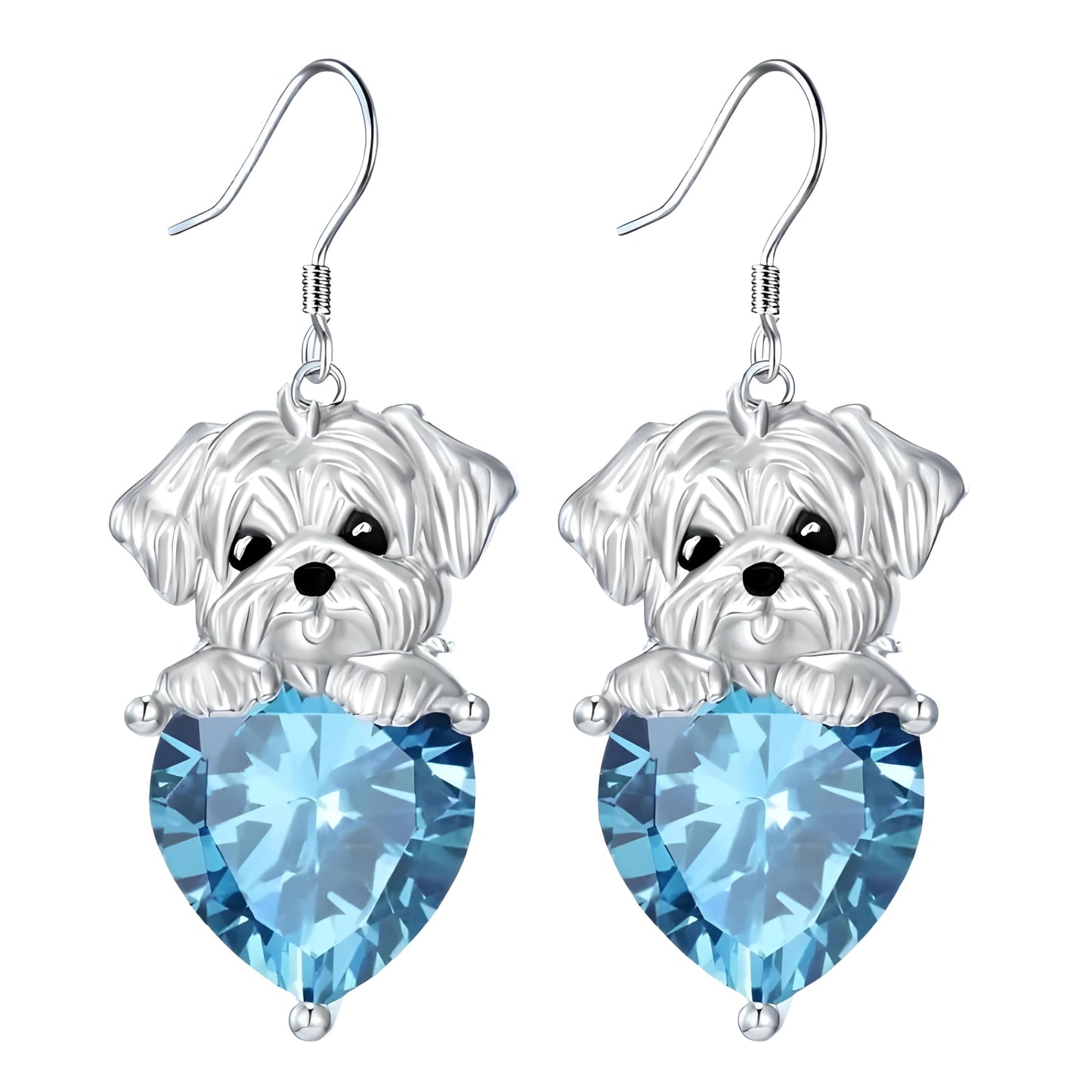 Decorative Dog Dangle Earrings, Blue Crystal Heart, Silver Shih Tzu Design