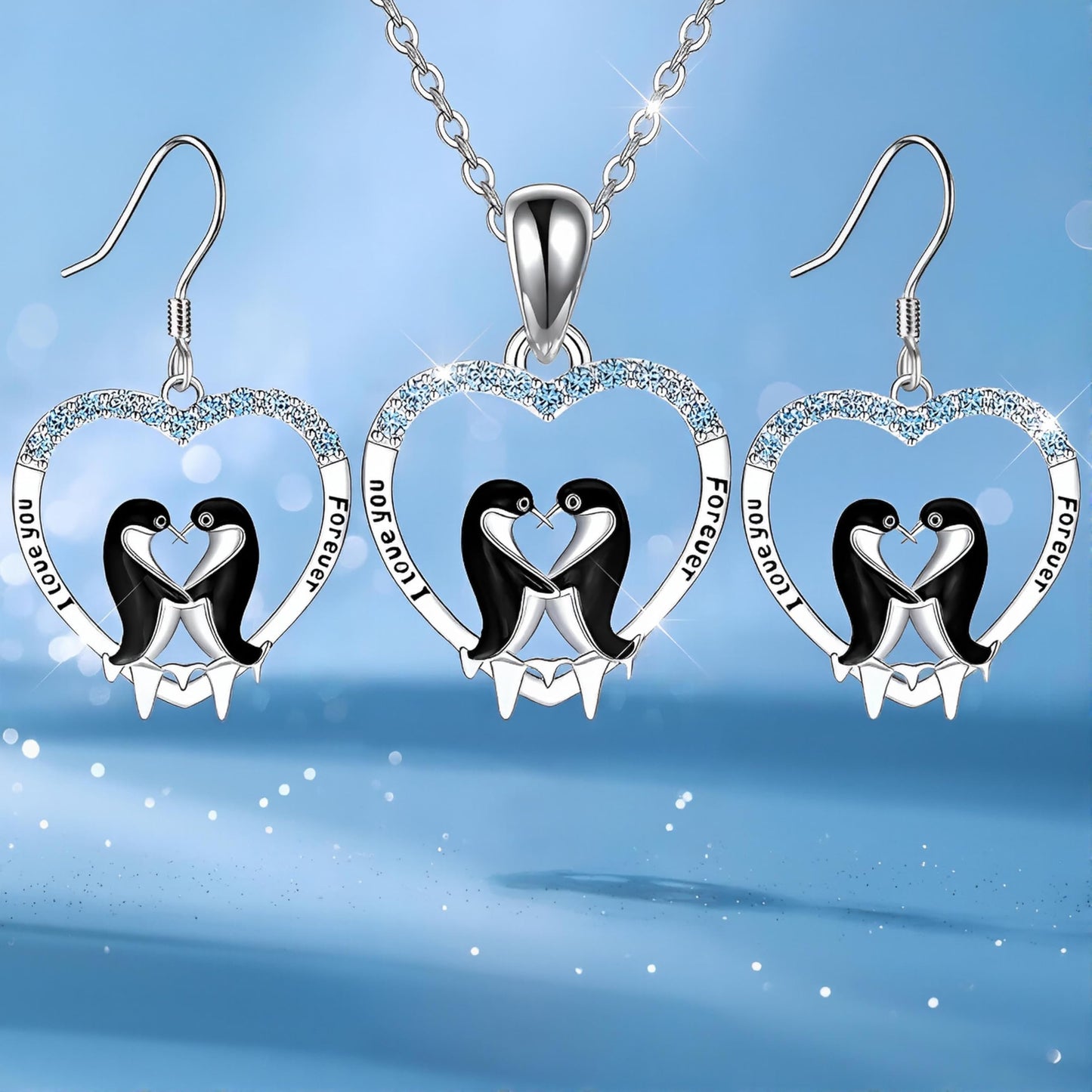 SUPAC Sterling Silver Penguin Pendant Necklace with Opal Stone and CZ Accents, 'Love You Forever' Engraved - Happy Feet Penguin