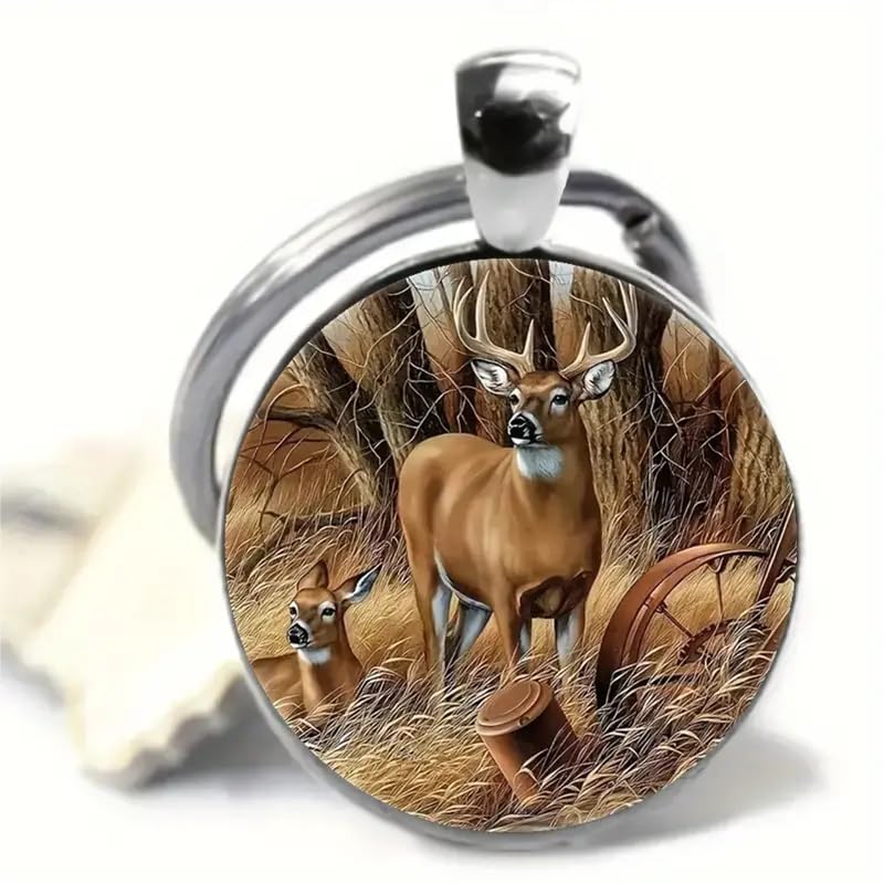 Mountain Sunset Stained Glass Art Keychain, Nature Scene Design, Round Pendant (White-tailed Deer)