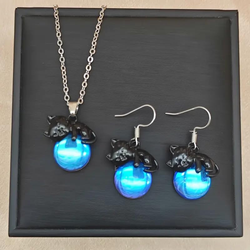 SUPAC Black Cat Jewelry Set – Glowing Blue Orb Necklace and Matching Earrings – Gift for Cat Lovers