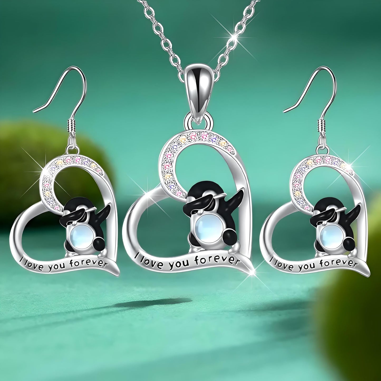 Dabbing Penguins Heart Jewelry Set, I Love You Forever Necklace and Earrings, Crystal Rhinestone Silver Pendant, 17.55 inch Chain
