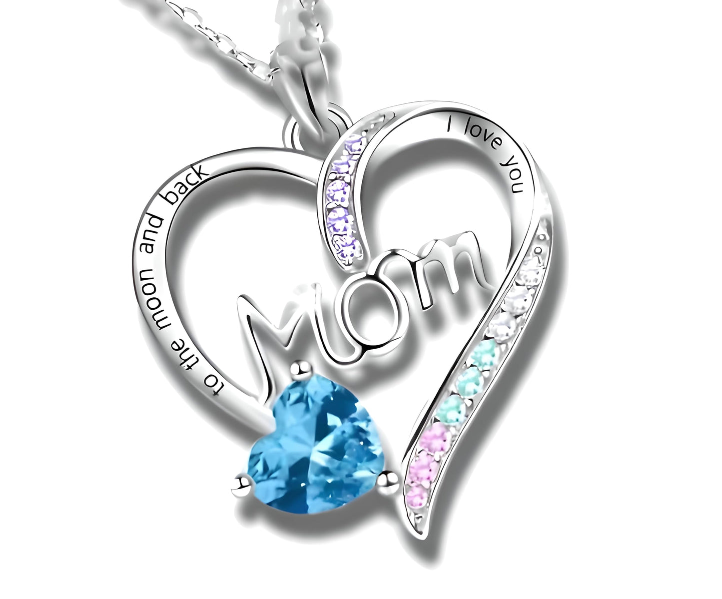 Heart Mom Necklace, Sterling Silver Crystal Pendant with Pink Heart Stone, I Love You to the Moon and Back - Mother's Day Gift