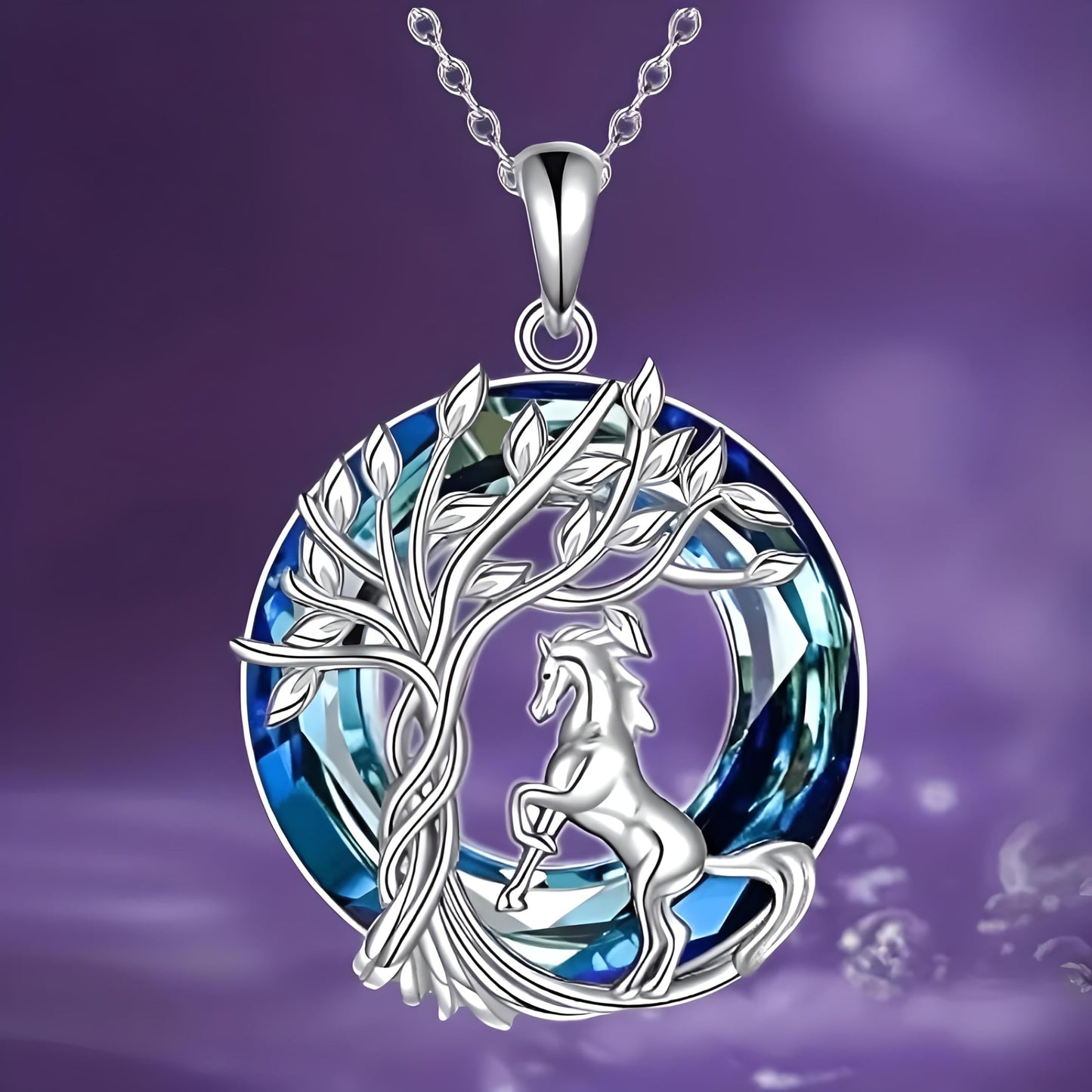 Tree of Life Swing, Sloth, Horse + Other Styles Pendant Necklace, Silver Chain, Crystal Rainbow Background - Gift for Friends