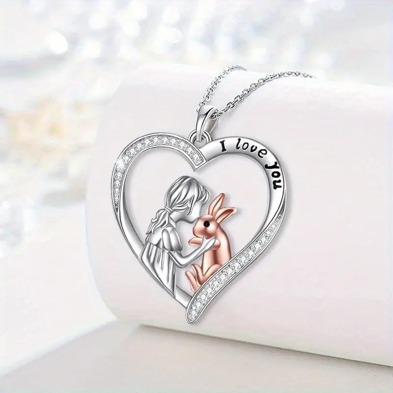 SUPAC Charming Woman & Rabbit Heart Pendant Necklace, I Love You, White Golden Plated Alloy, Birthday or Christmas Gift